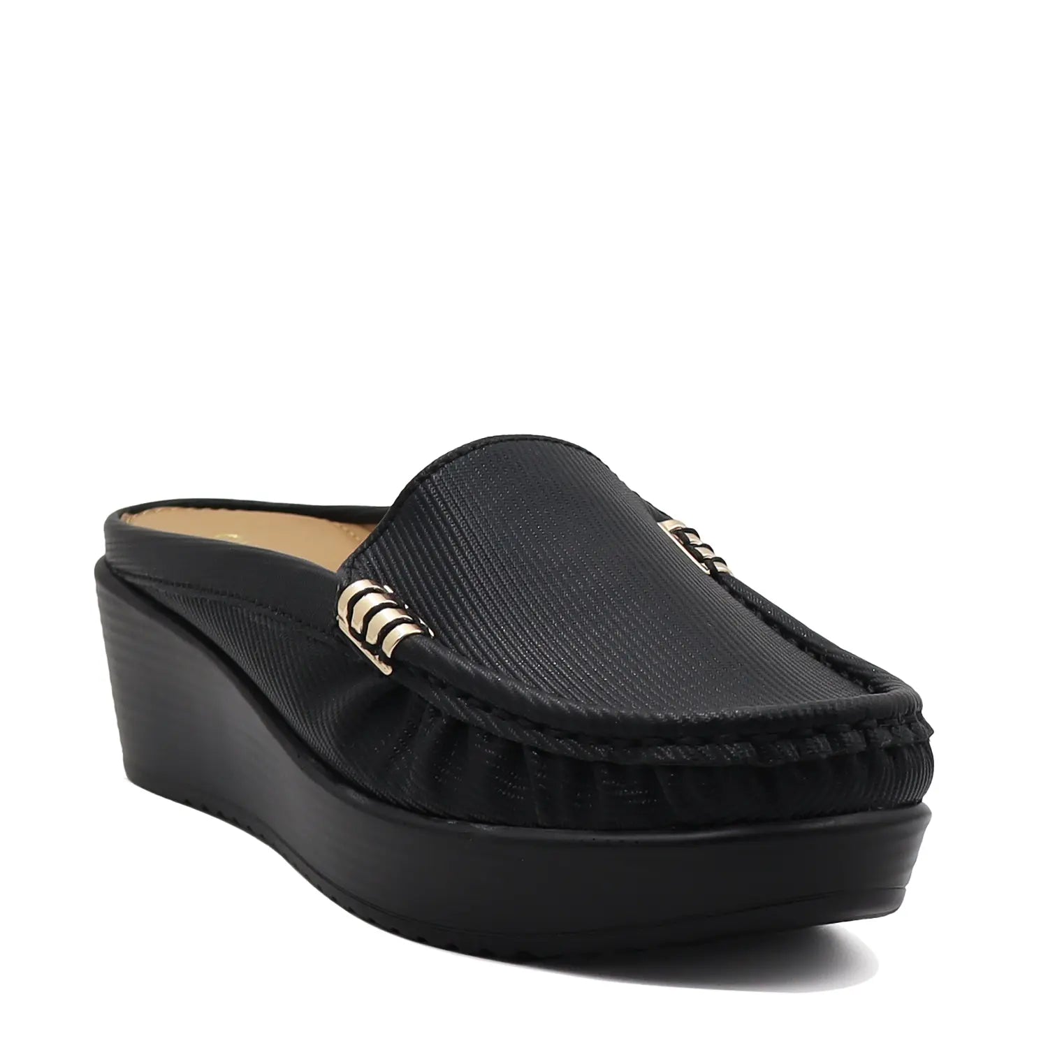Black women’s mule loafers angled view