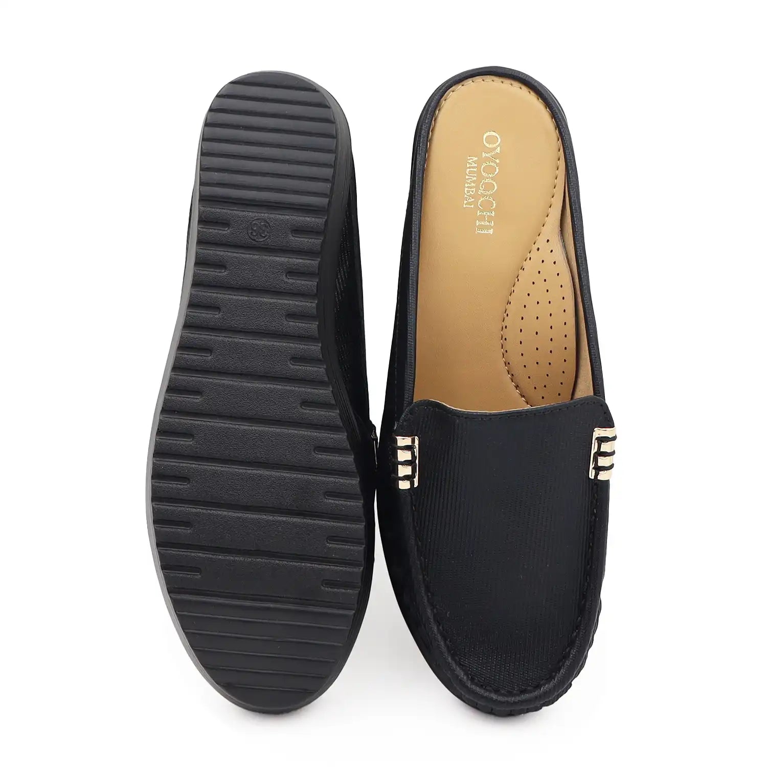 Black women’s mule loafers sole and top view