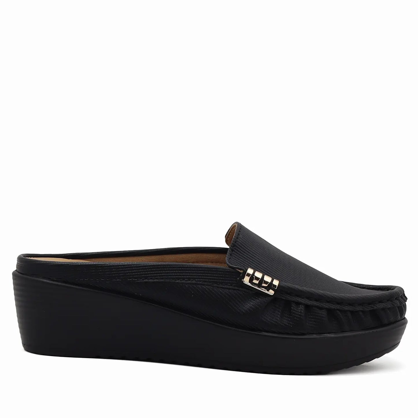 Black mule loafers for womens side profile view