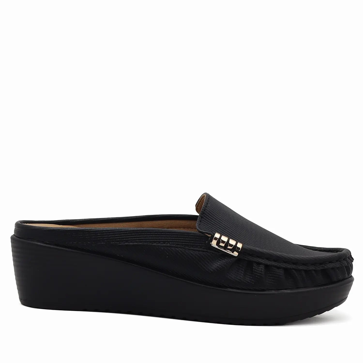 Black mule loafers for womens side profile view