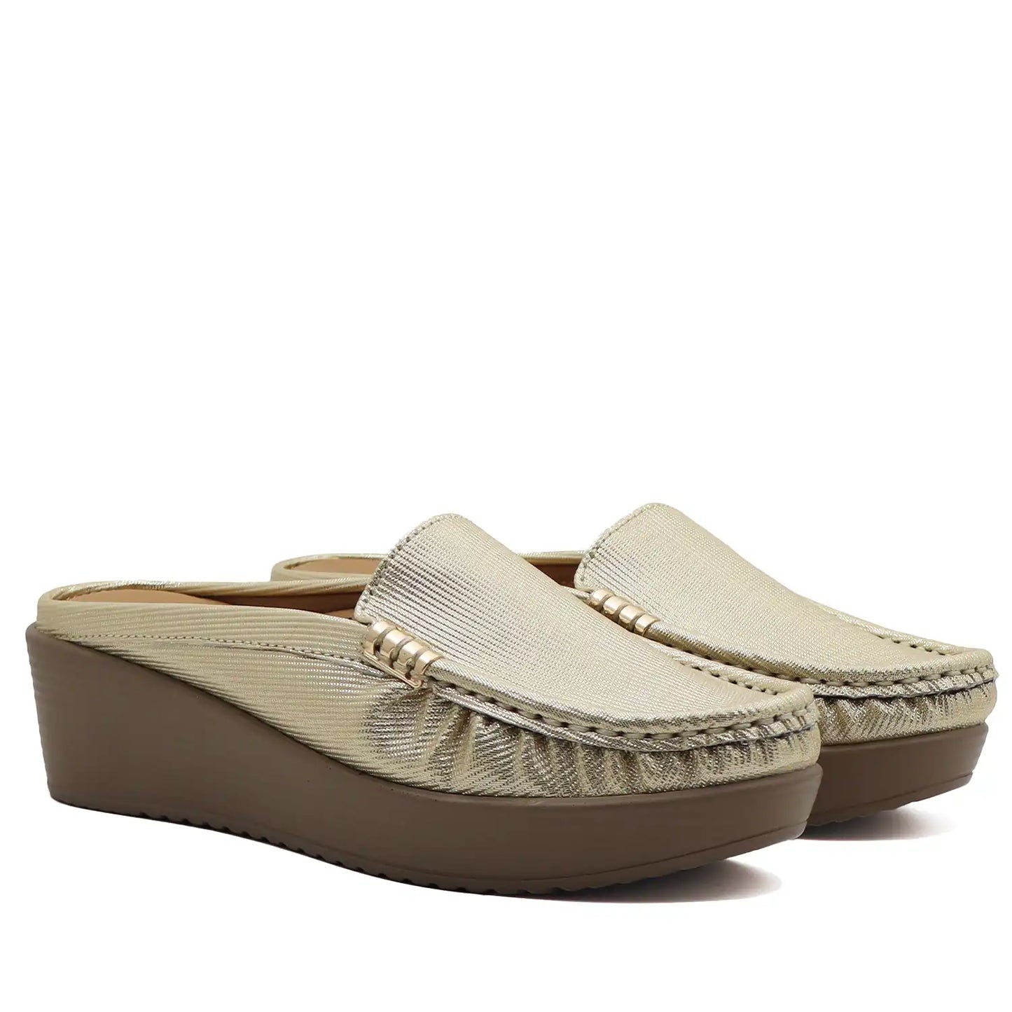 Gold women’s mule loafers pair front angled view