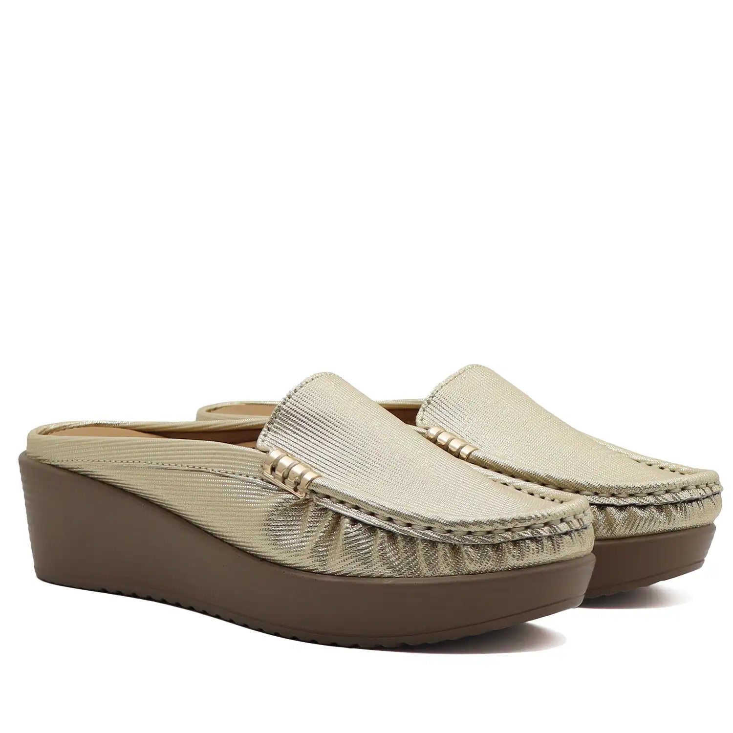 Gold women’s mule loafers pair front angled view