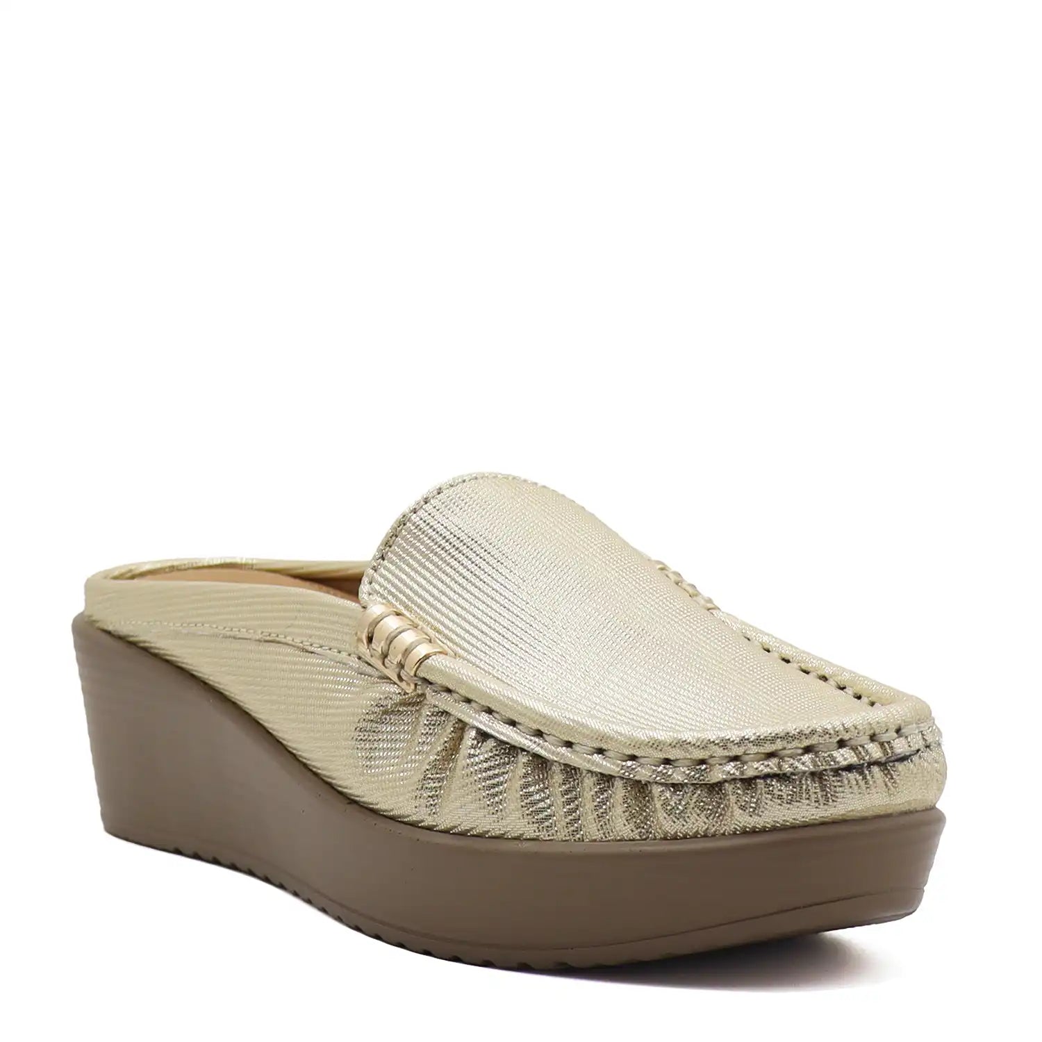 Gold women’s mule loafers angled side view