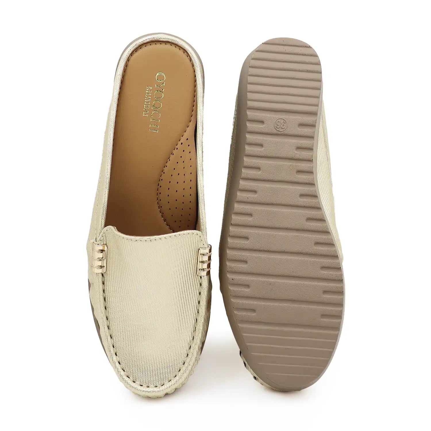 Gold mule loafers for womens  top and sole view