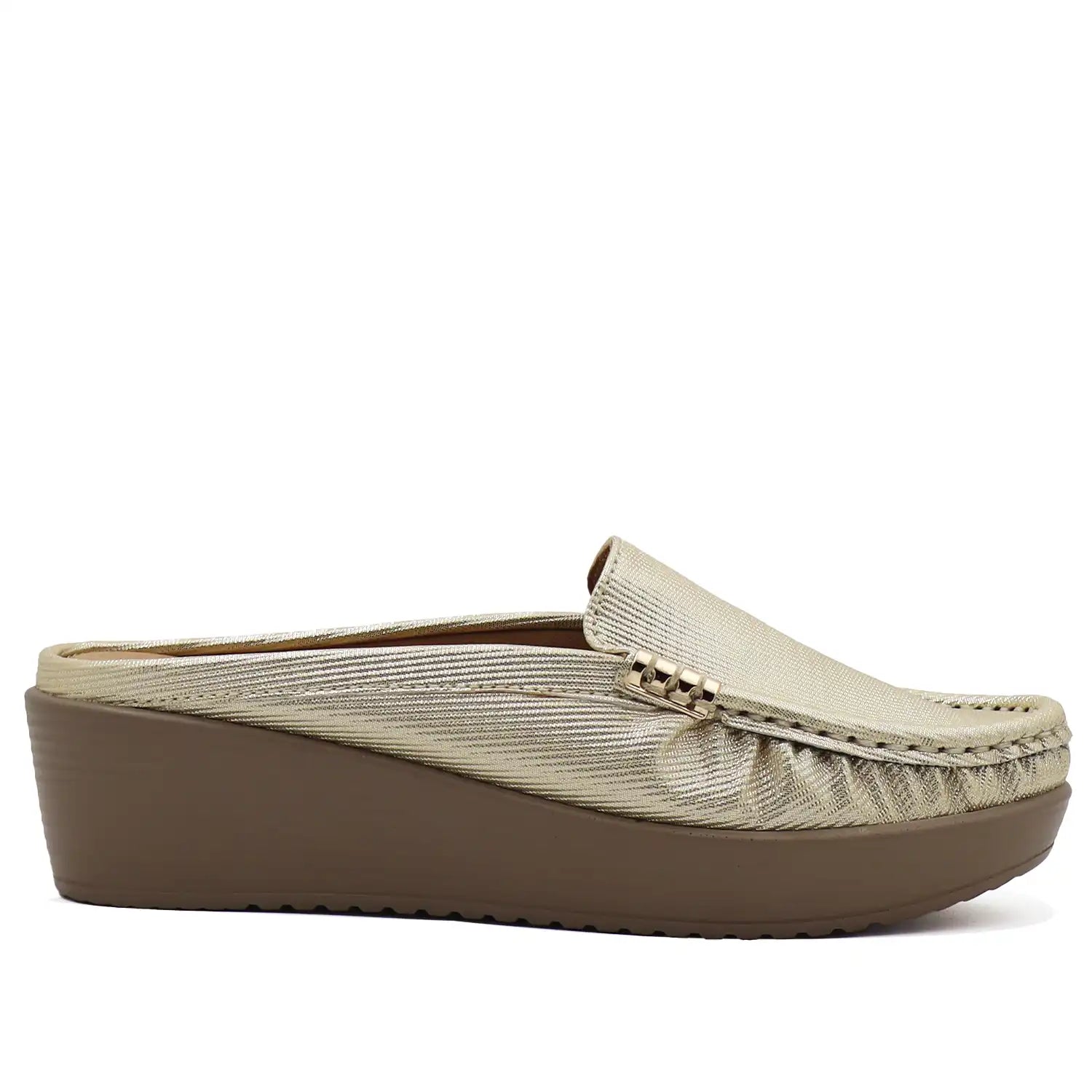 Gold women’s mule loafers side profile view