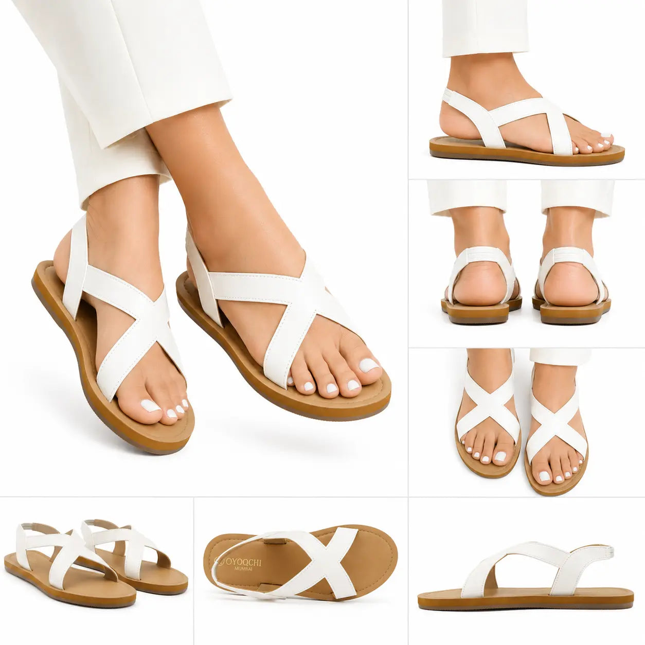 Women's white criss-cross flat sandals with a brown sole, multiple angled lifestyle view