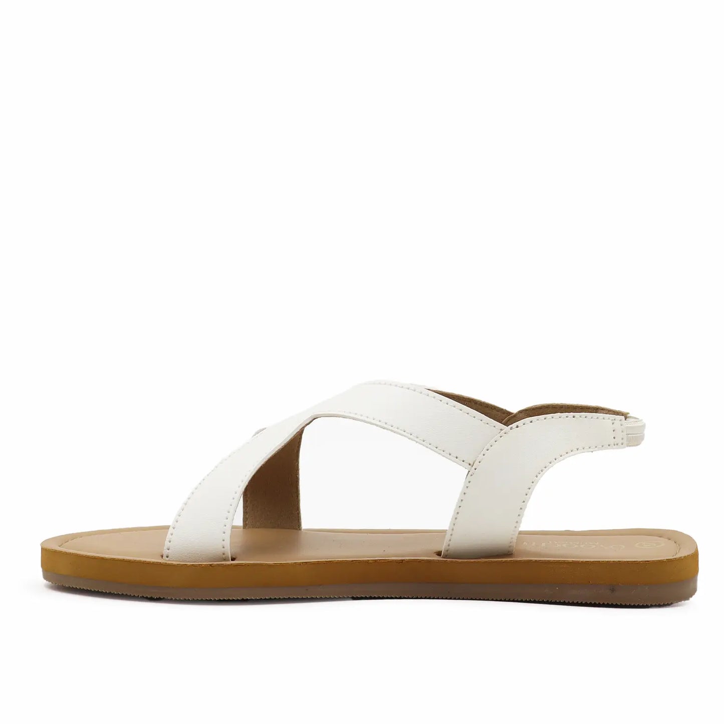 Women's white criss-cross flat sandals with a brown sole, side profile view