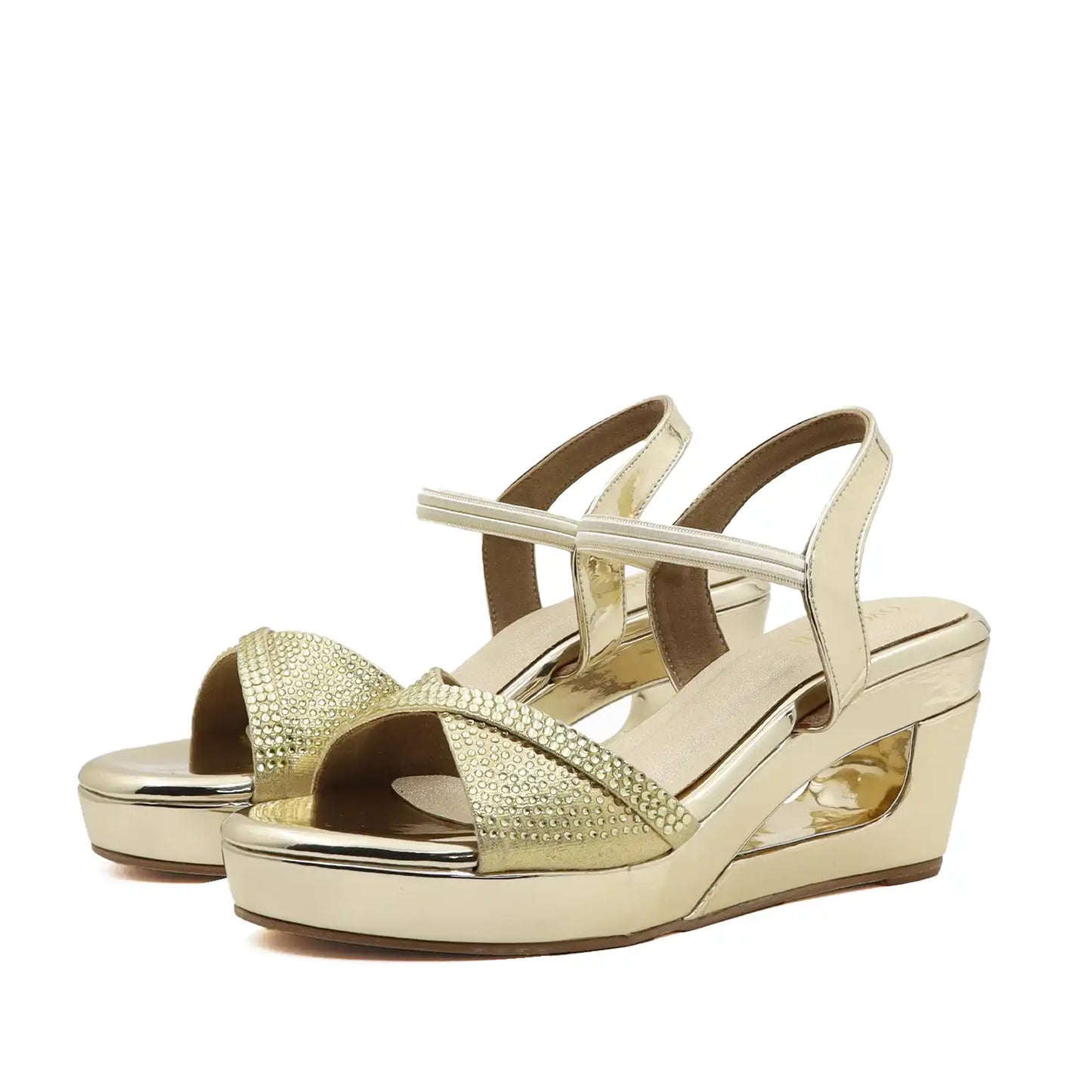 Women's 3 inch wedge heel comfortable gold embellished sandal,  profile view