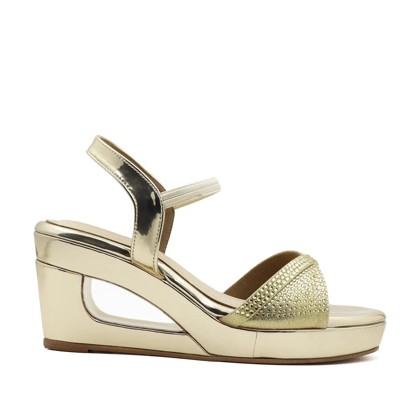 Women's 3 inch wedge heel comfortable gold embellished sandal,  side view