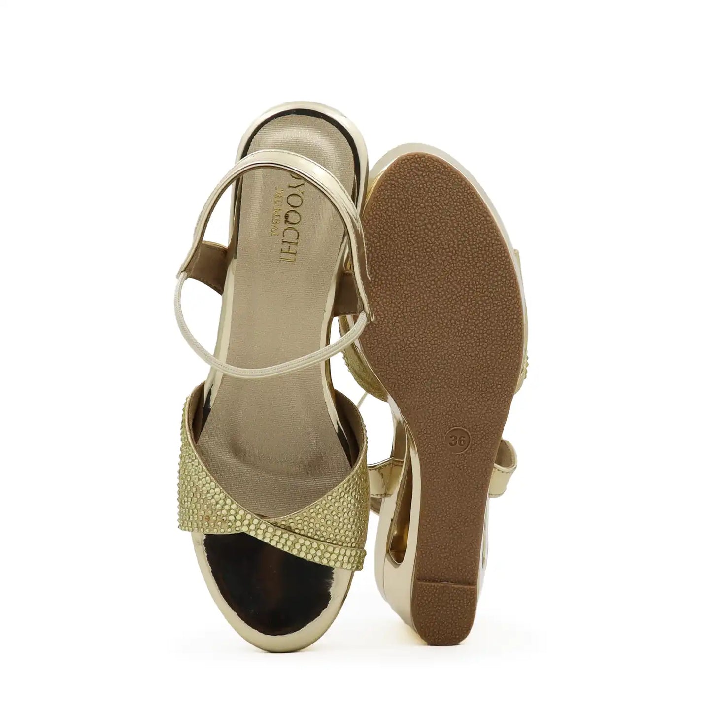 Women's 3 inch wedge heel comfortable gold embellished sandal,  sole view