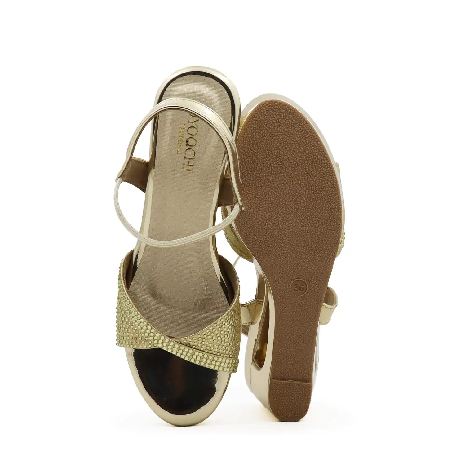 Women's 3 inch wedge heel comfortable gold embellished sandal,  sole view