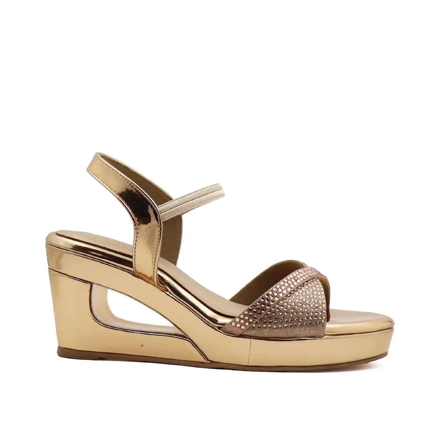 Women's 3 inch wedge heel comfortable rose gold embellished sandal,  side view