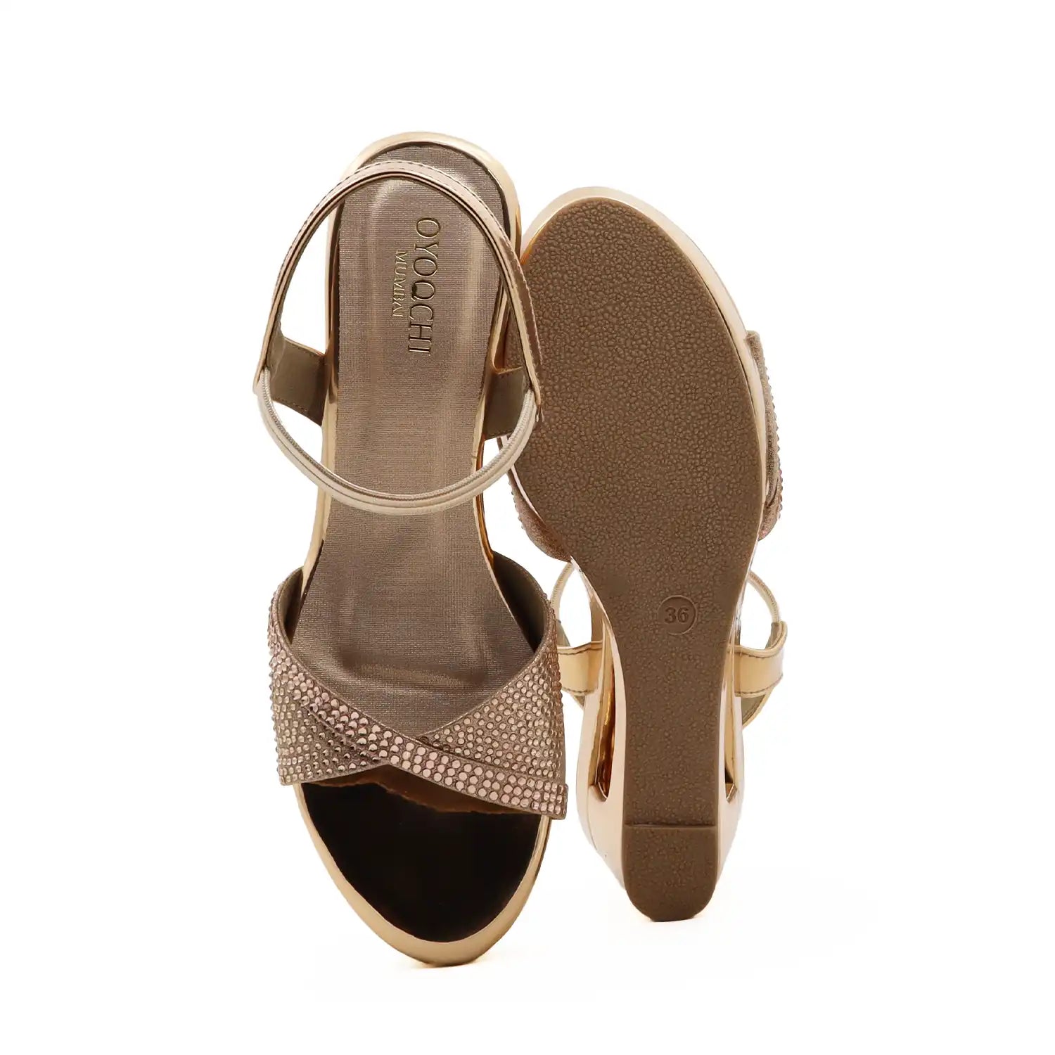 Women's 3 inch wedge heel comfortable rose gold embellished sandal,  sole view