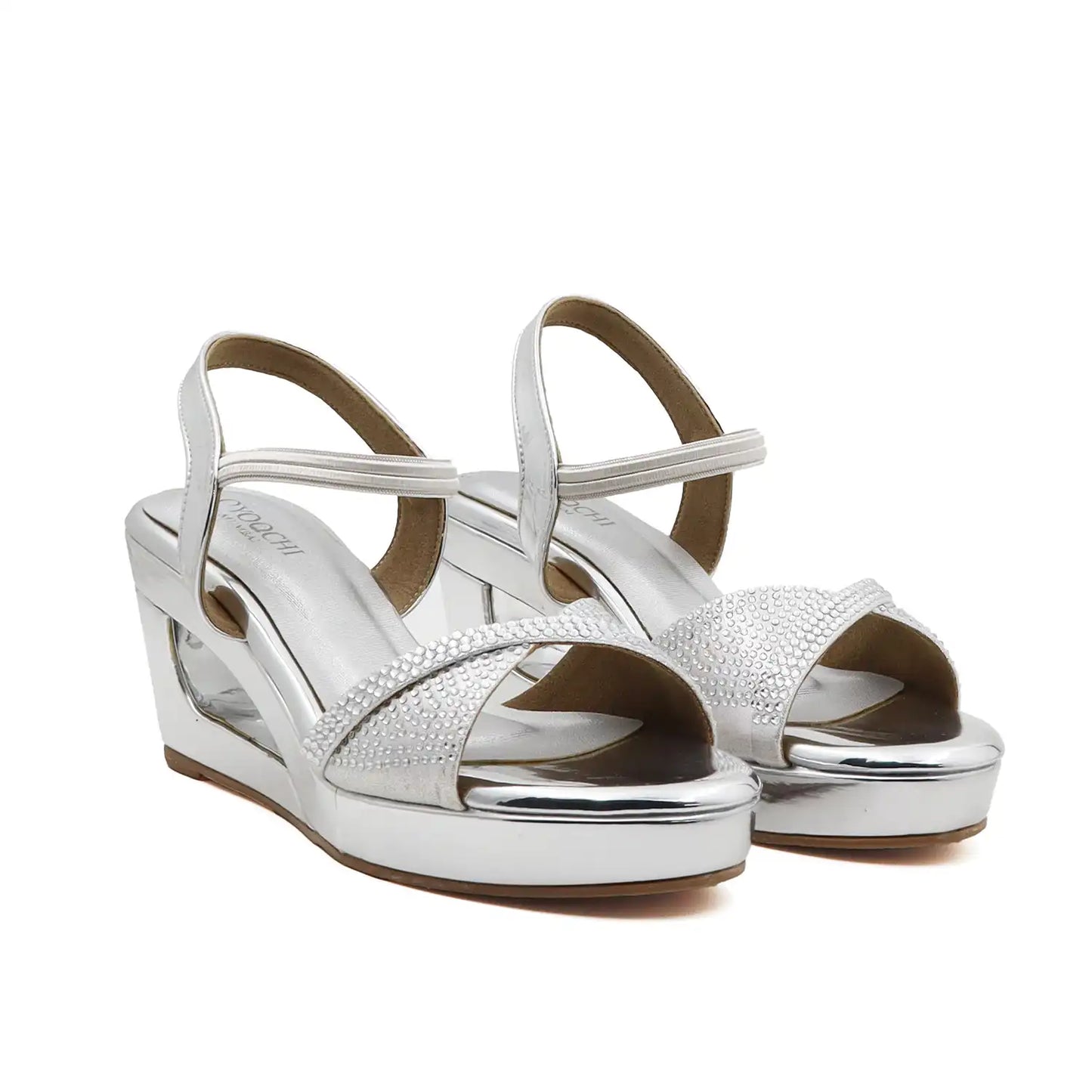 Women's 3 inch wedge heel comfortable silver embellished sandal, pair view