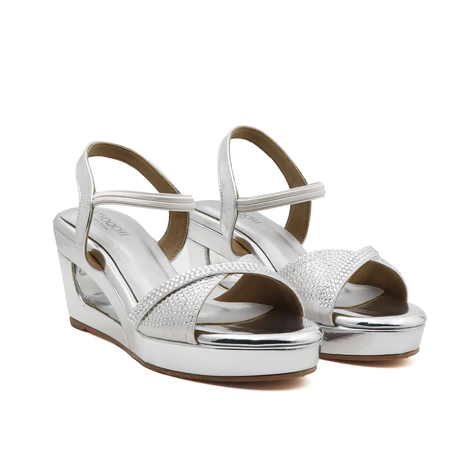 Women's 3 inch wedge heel comfortable silver embellished sandal, pair view