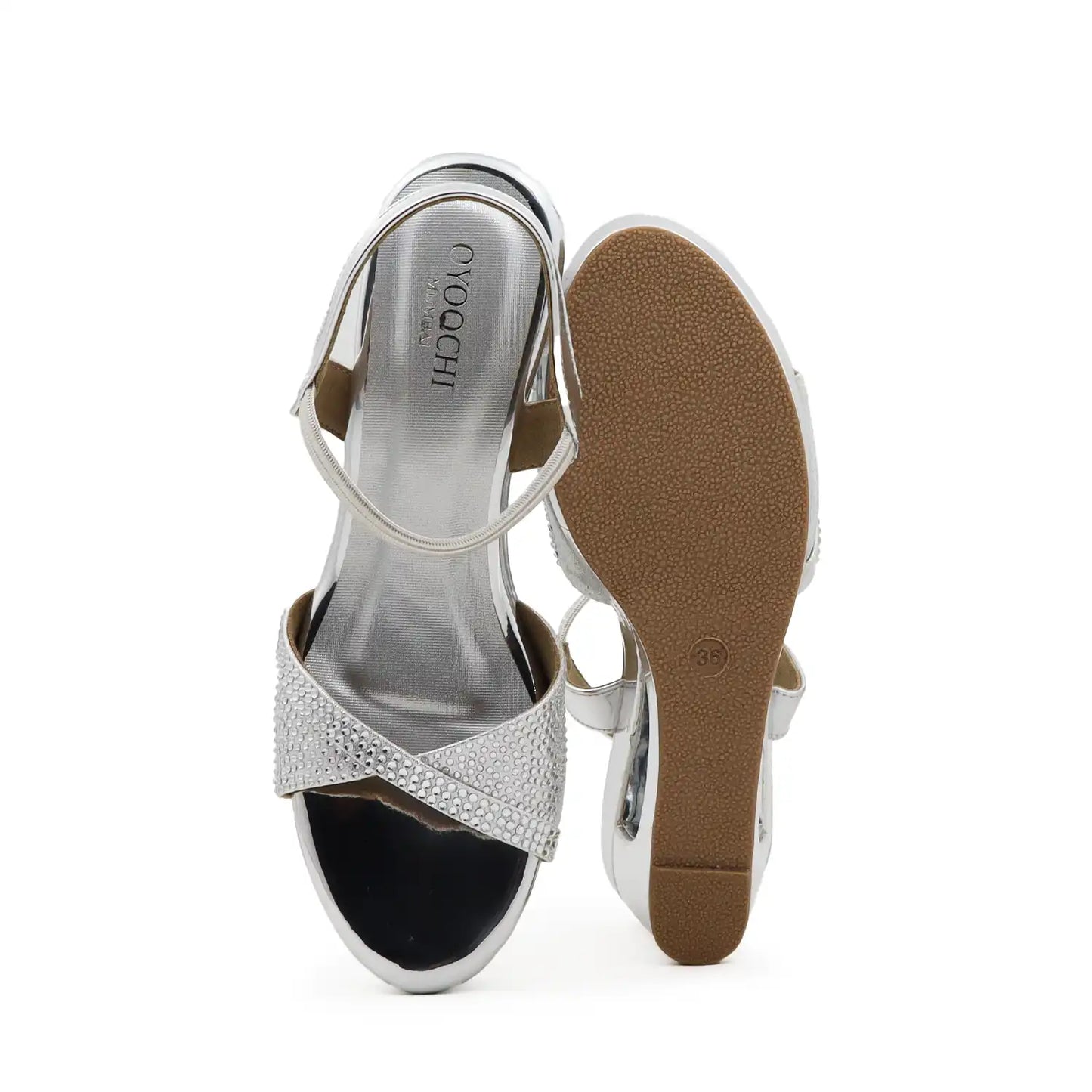 Women's 3 inch wedge heel comfortable silver embellished sandal, sole view