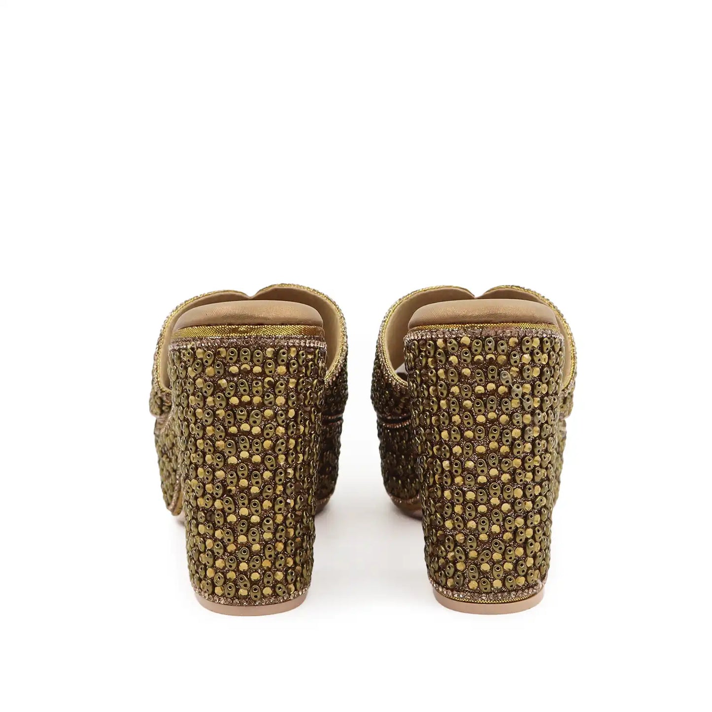 Women's Embellished antique Platform Block Heel Sandals with 4 Inch Heel and 1.5 Inch Platform for Weddings, Parties and Festive Wear, heel view