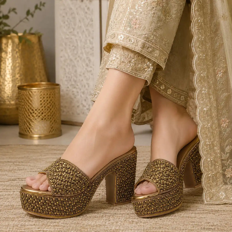 Women's Embellished antique Platform Block Heel Sandals with 4 Inch Heel and 1.5 Inch Platform for Weddings, Parties and Festive Wear, life style view