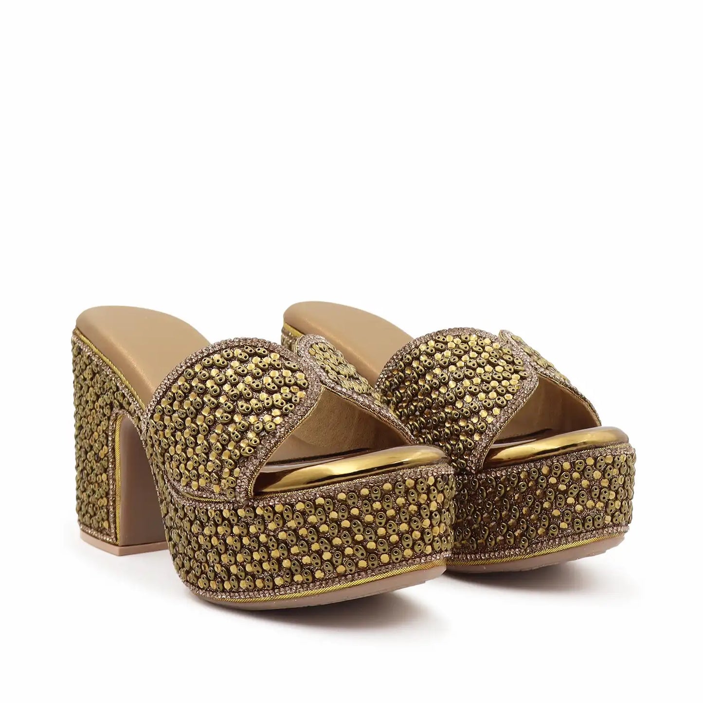 Women's Embellished antique Platform Block Heel Sandals with 4 Inch Heel and 1.5 Inch Platform for Weddings, Parties and Festive Wear, angled pair view