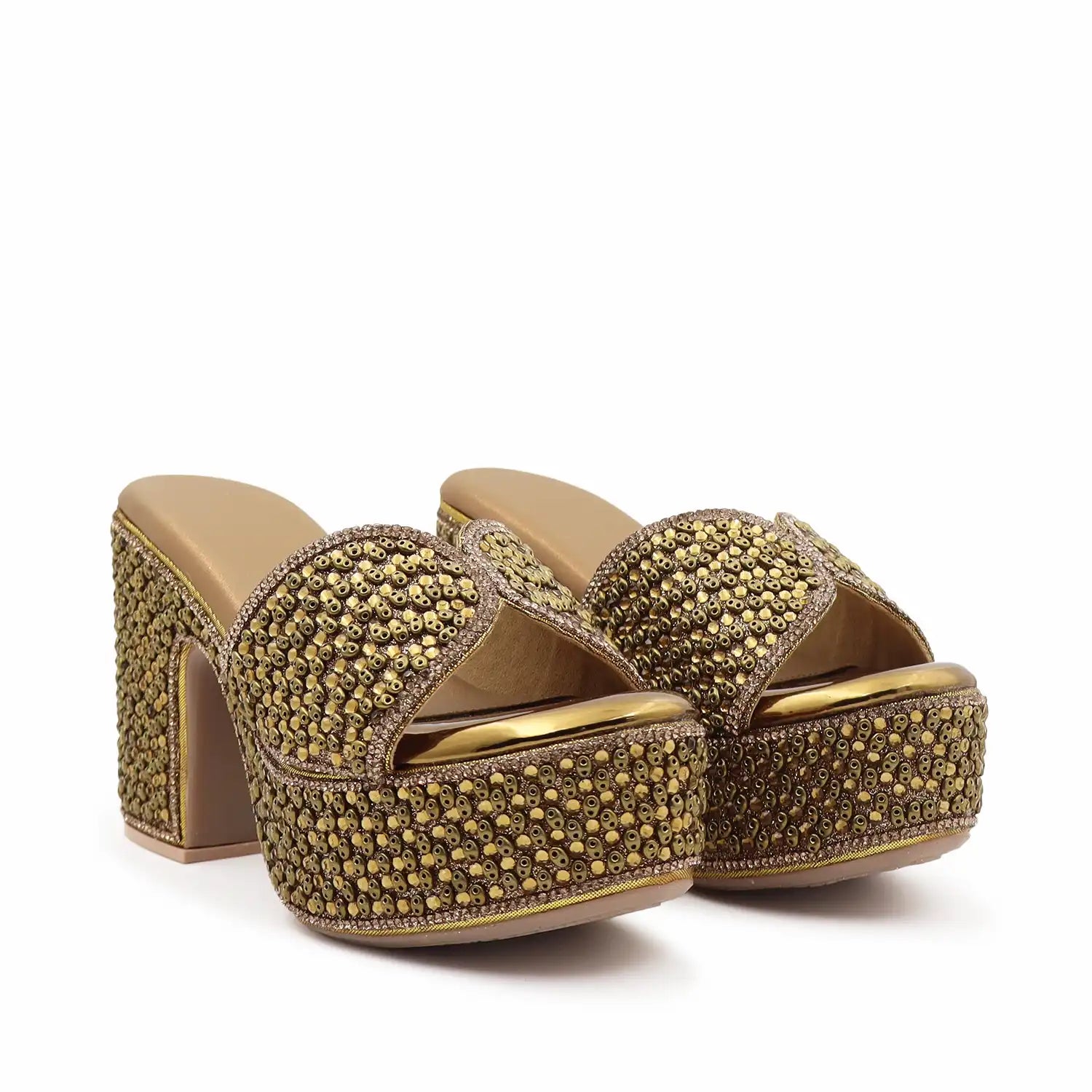 Women's Embellished antique Platform Block Heel Sandals with 4 Inch Heel and 1.5 Inch Platform for Weddings, Parties and Festive Wear, angled pair view
