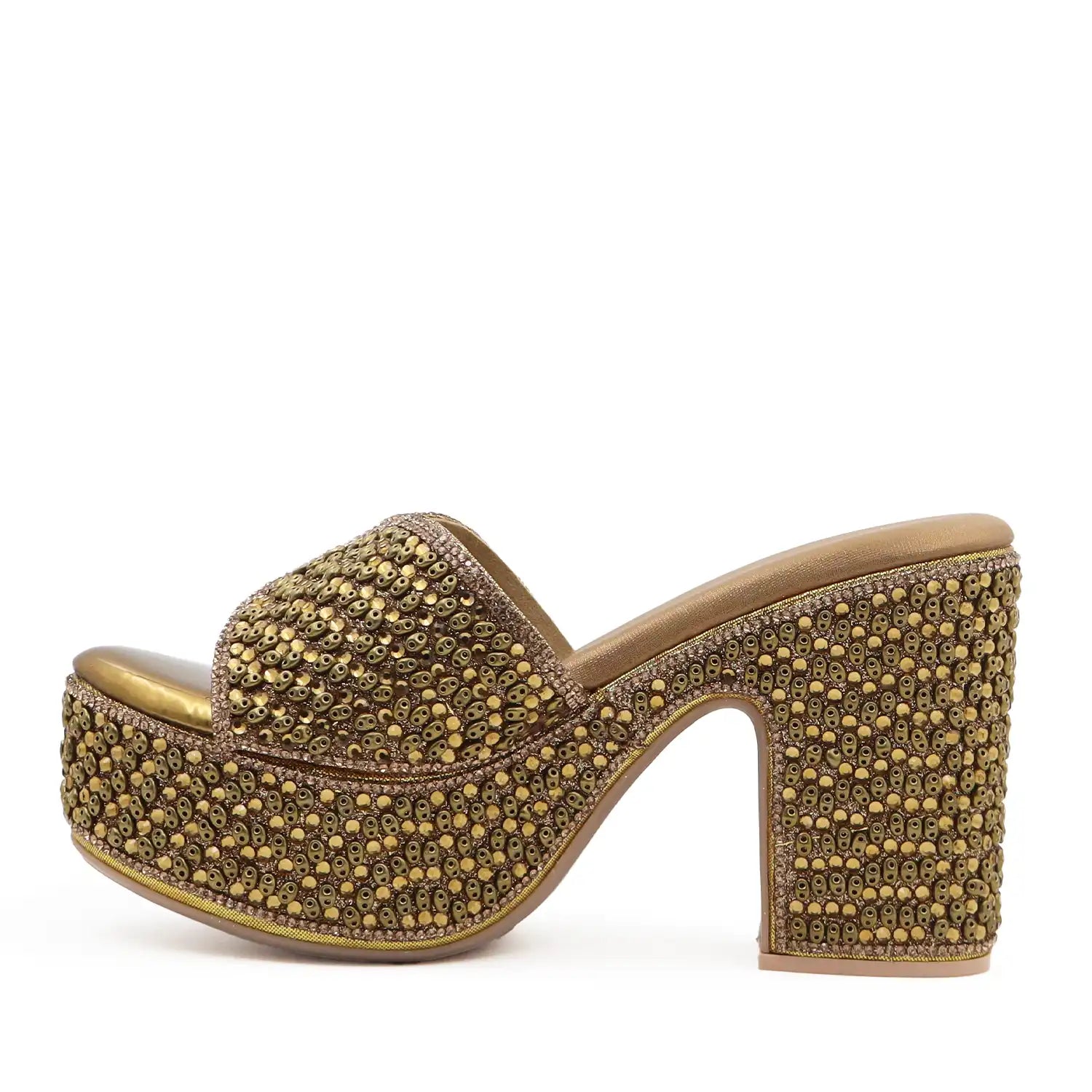 Women's Embellished antique Platform Block Heel Sandals with 4 Inch Heel and 1.5 Inch Platform for Weddings, Parties and Festive Wear, side view