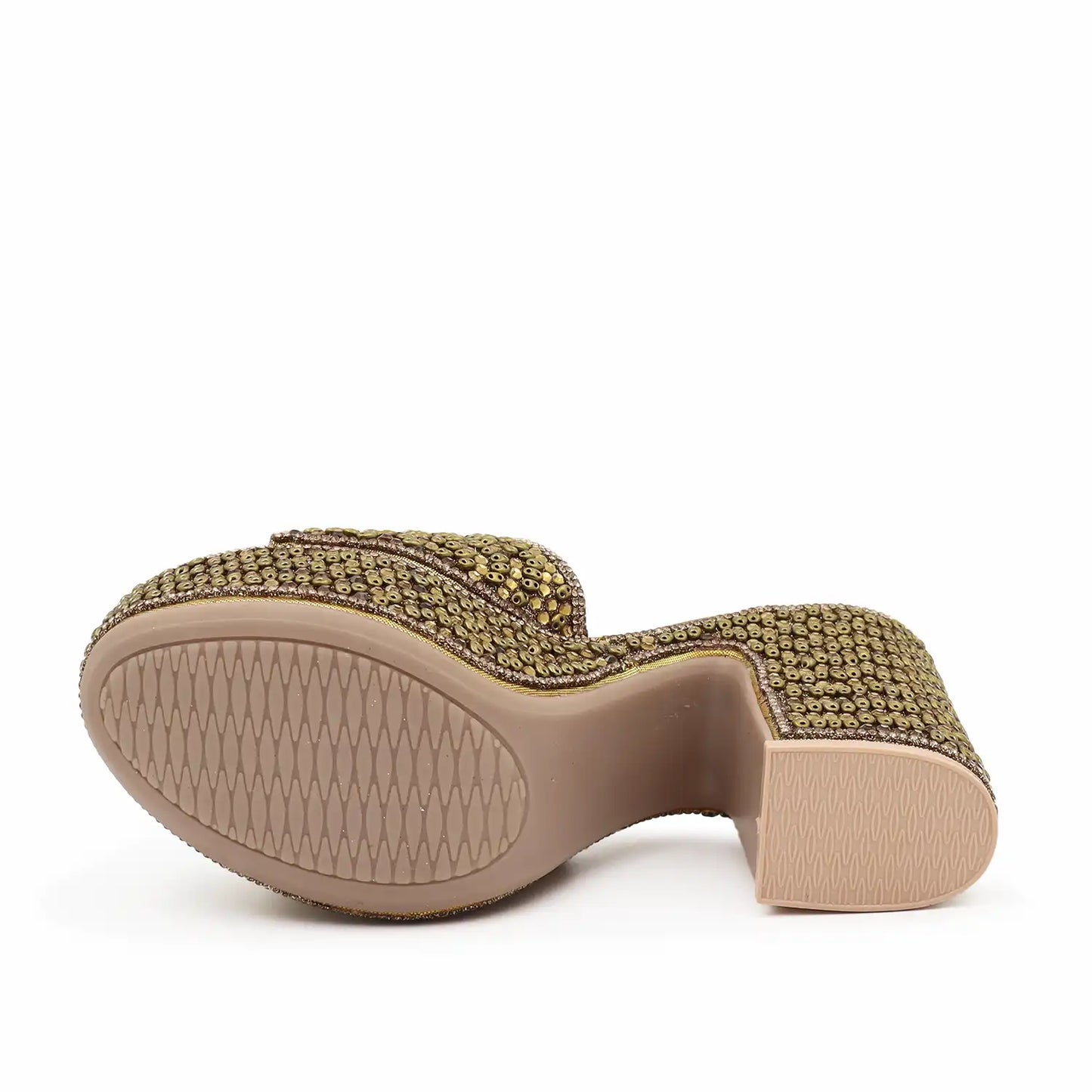 Women's Embellished antique Platform Block Heel Sandals with 4 Inch Heel and 1.5 Inch Platform for Weddings, Parties and Festive Wear, sole view