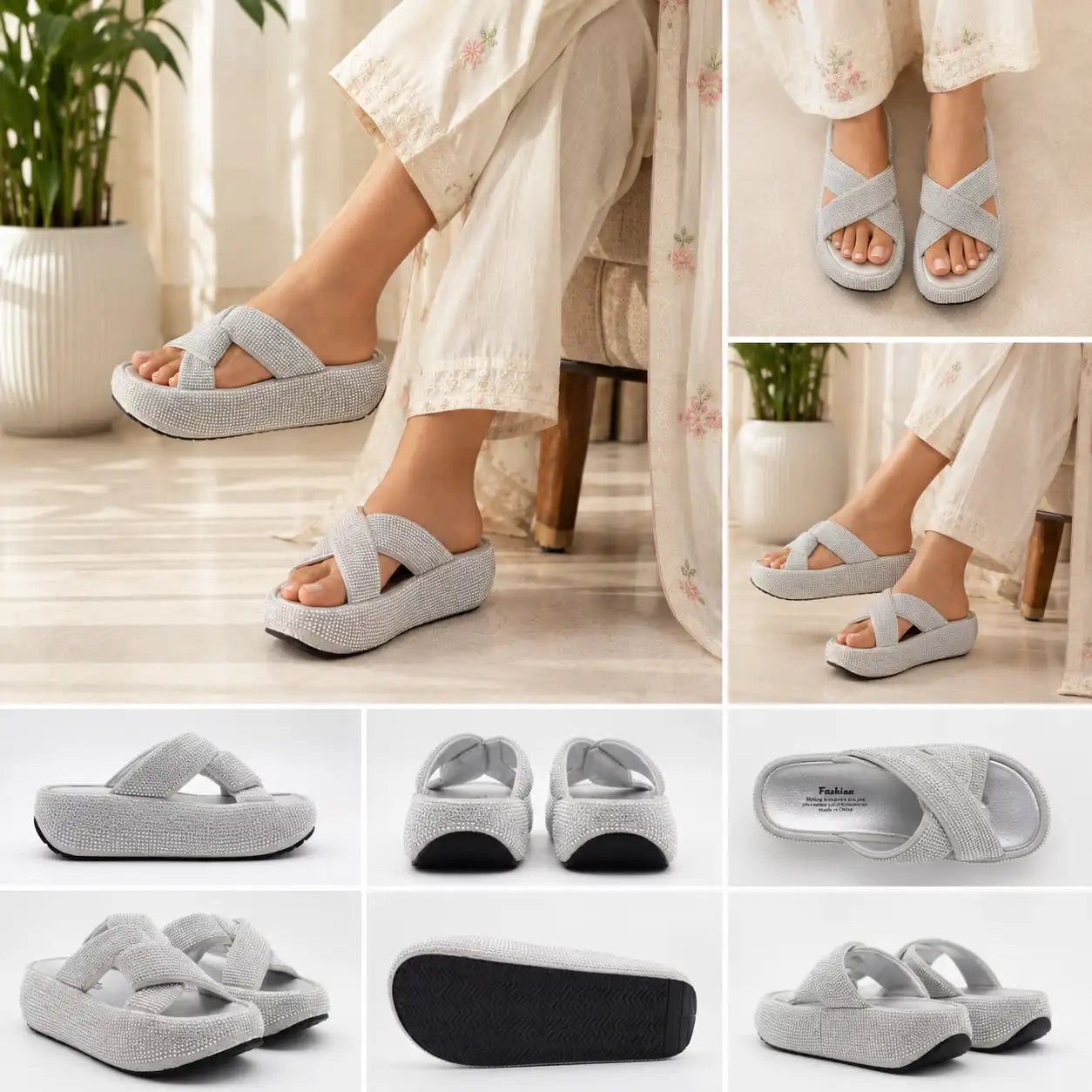 A collage showing a pair of light gray woven platform slide sandals worn on feet, with additional views of the sandals alone from multiple angles. 