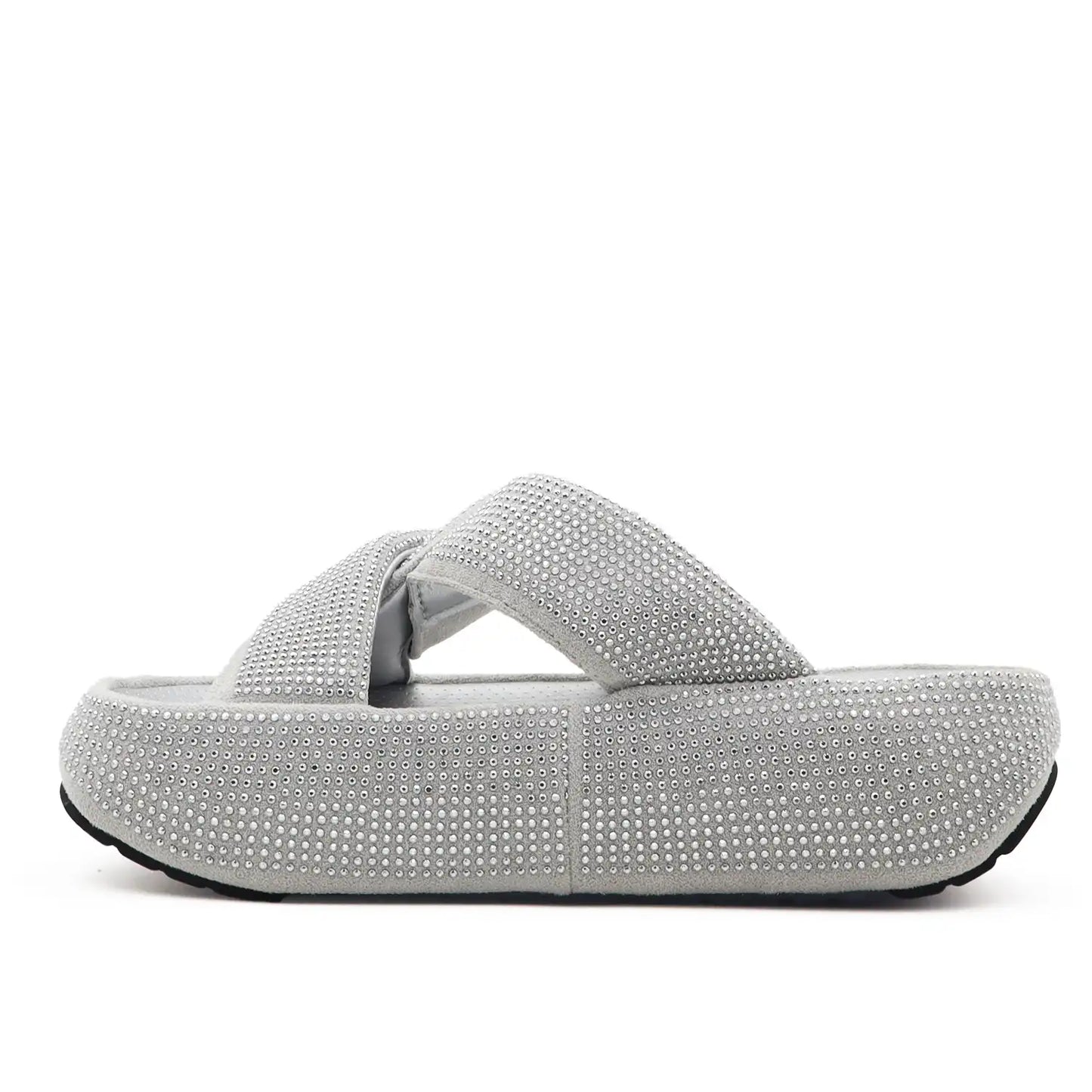 A single silver women's platform slide sandal covered in sparkling rhinestones