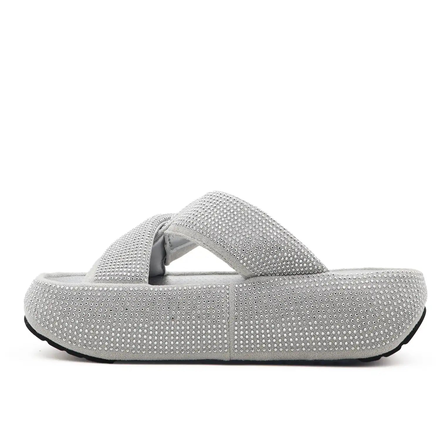 A single silver women's platform slide sandal covered in sparkling rhinestones
