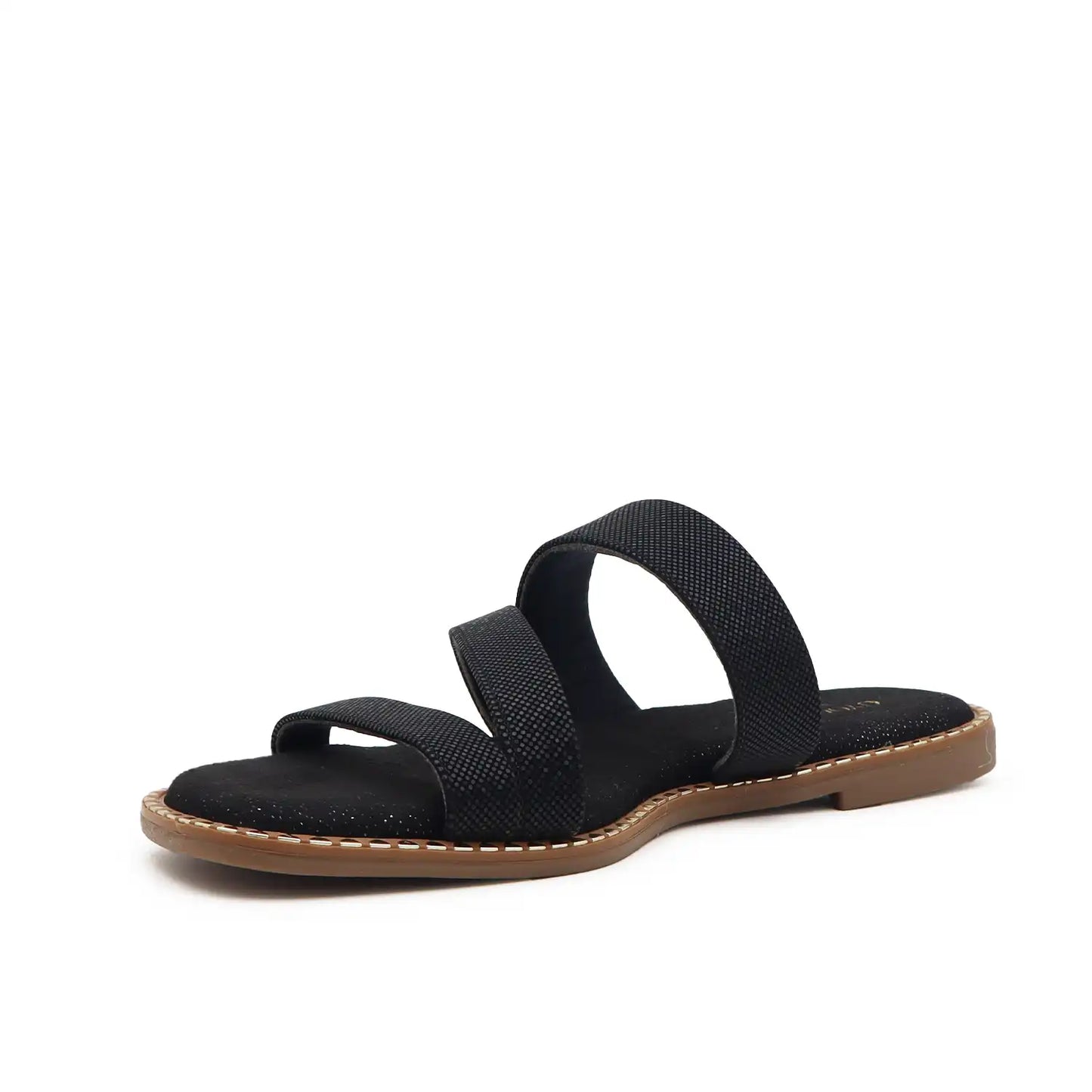 Angled view of women comfort flat black sandal