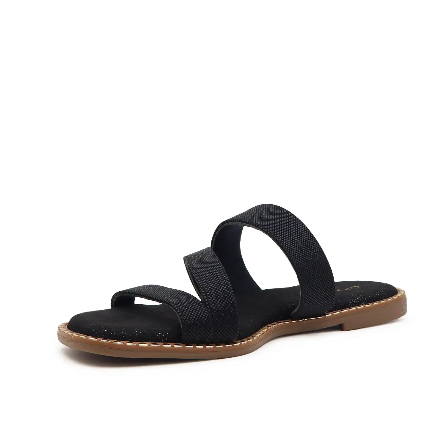 Angled view of women comfort flat black sandal