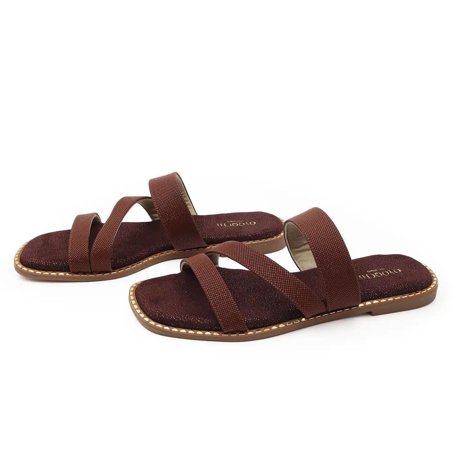 Pair of womens flat comfortable sandals brown