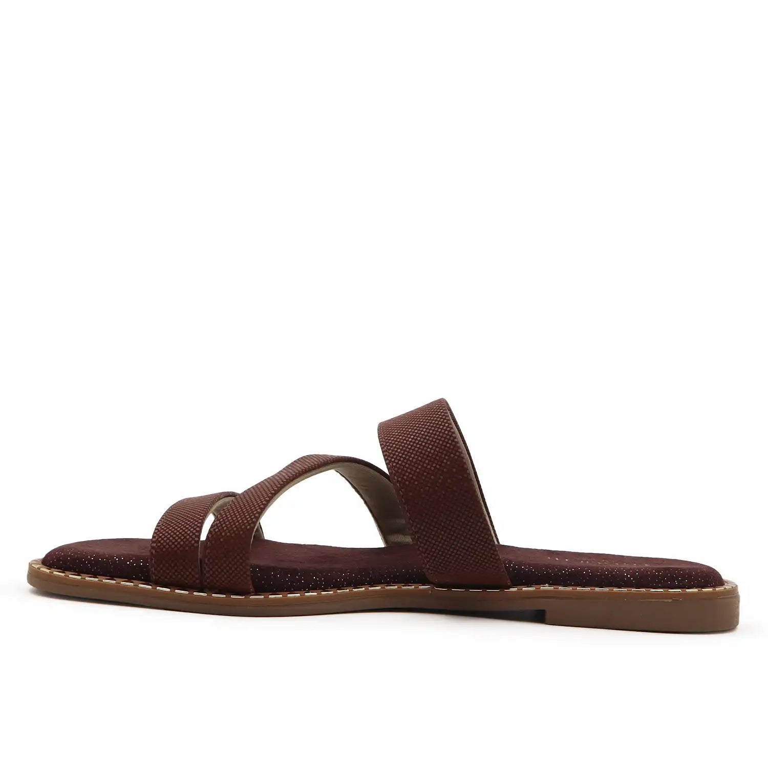 Side view of women's brown flat sandals with comfort footbed and soft lining