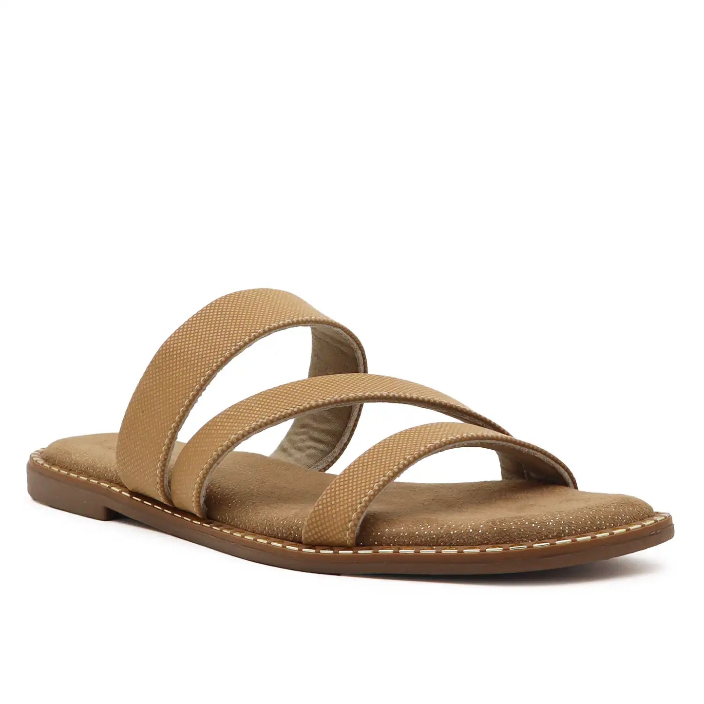 A single flat sandal with two textured tan straps and a brown footbed, shown from a side angle on a white background.