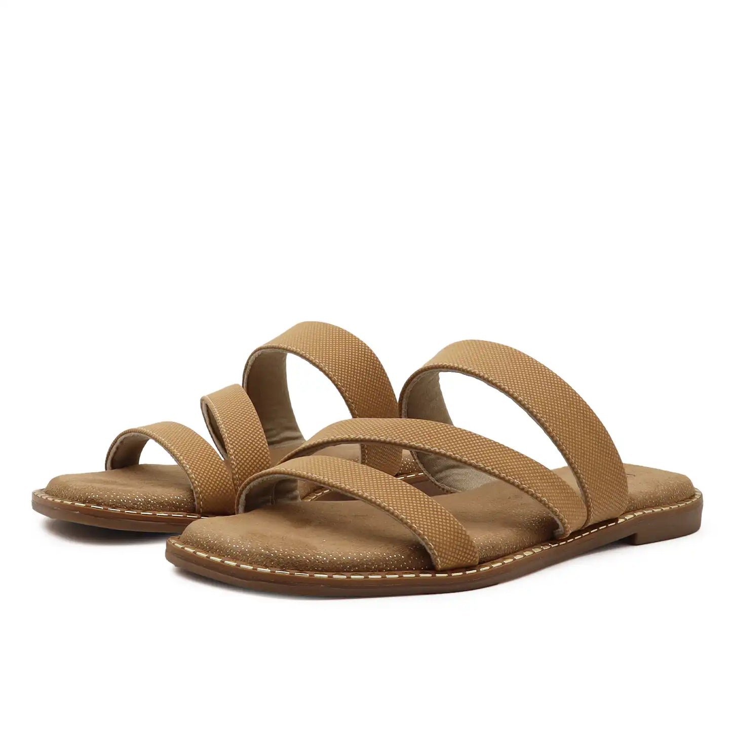 A pair of women's chikoo flat slide sandals with comfortable footbed