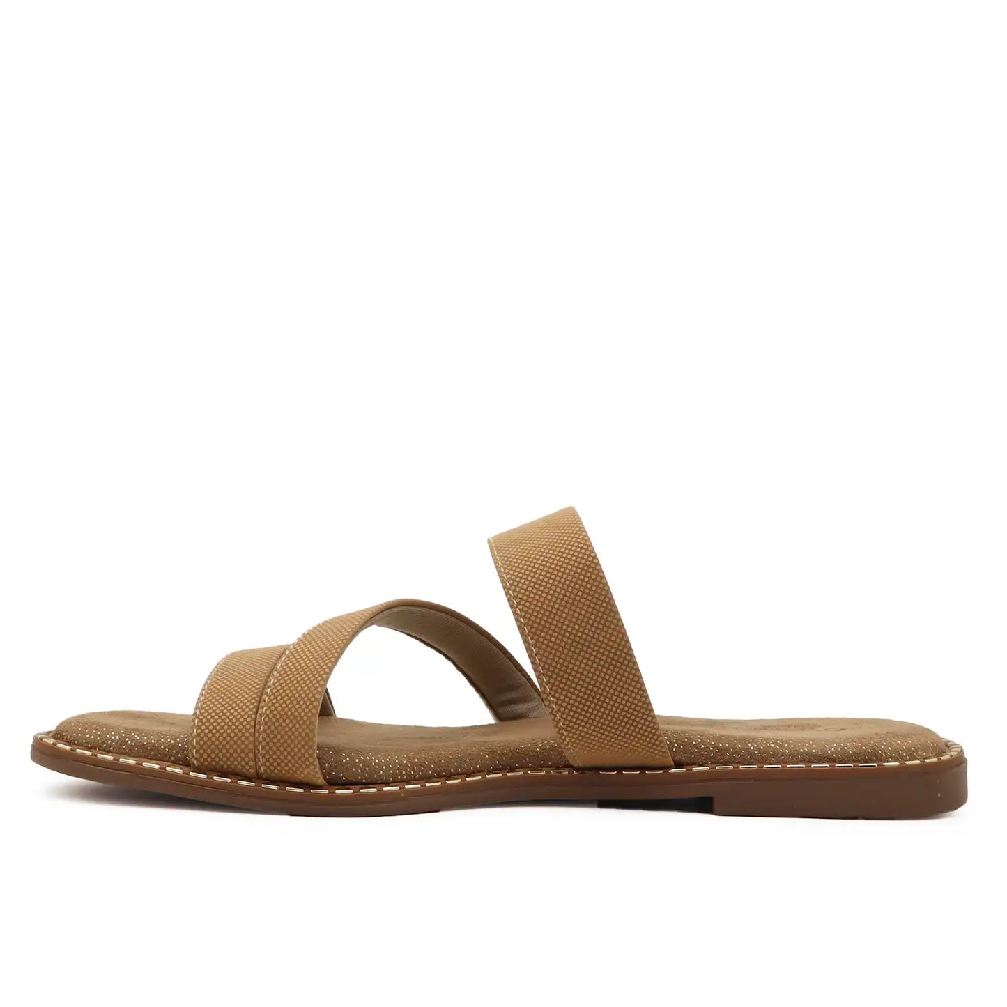 A single flat slide sandal in a warm tan-brown color, featuring two textured straps and contrast stitching along the edge, shown from a side profile on a white background.