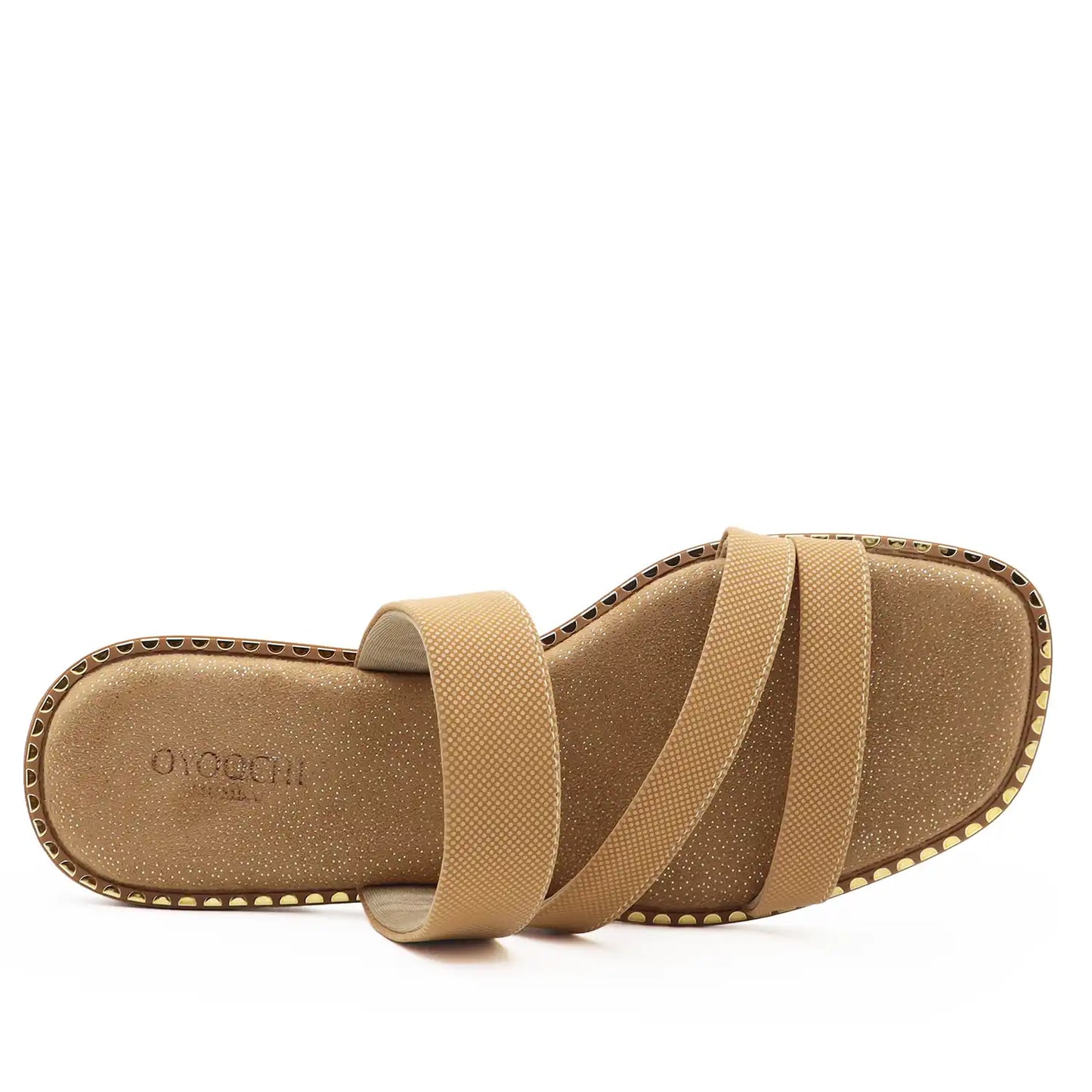 Top view of women's flat sandal with comfortable footbed and soft lining