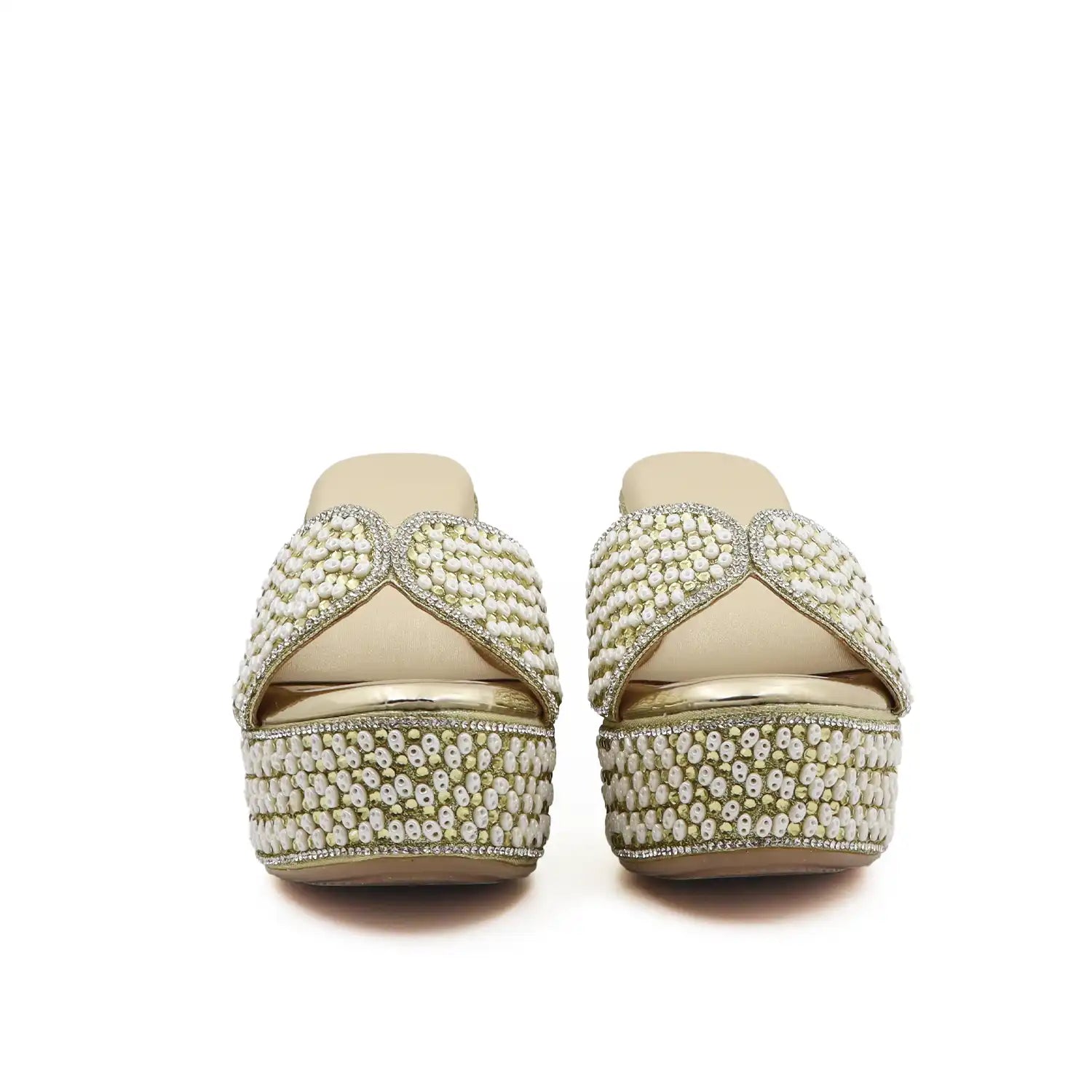 Women's Embellished Gold Platform Block Heel Sandals with 4 Inch Heel and 1.5 Inch Platform for Weddings, Parties and Festive Wear, front view