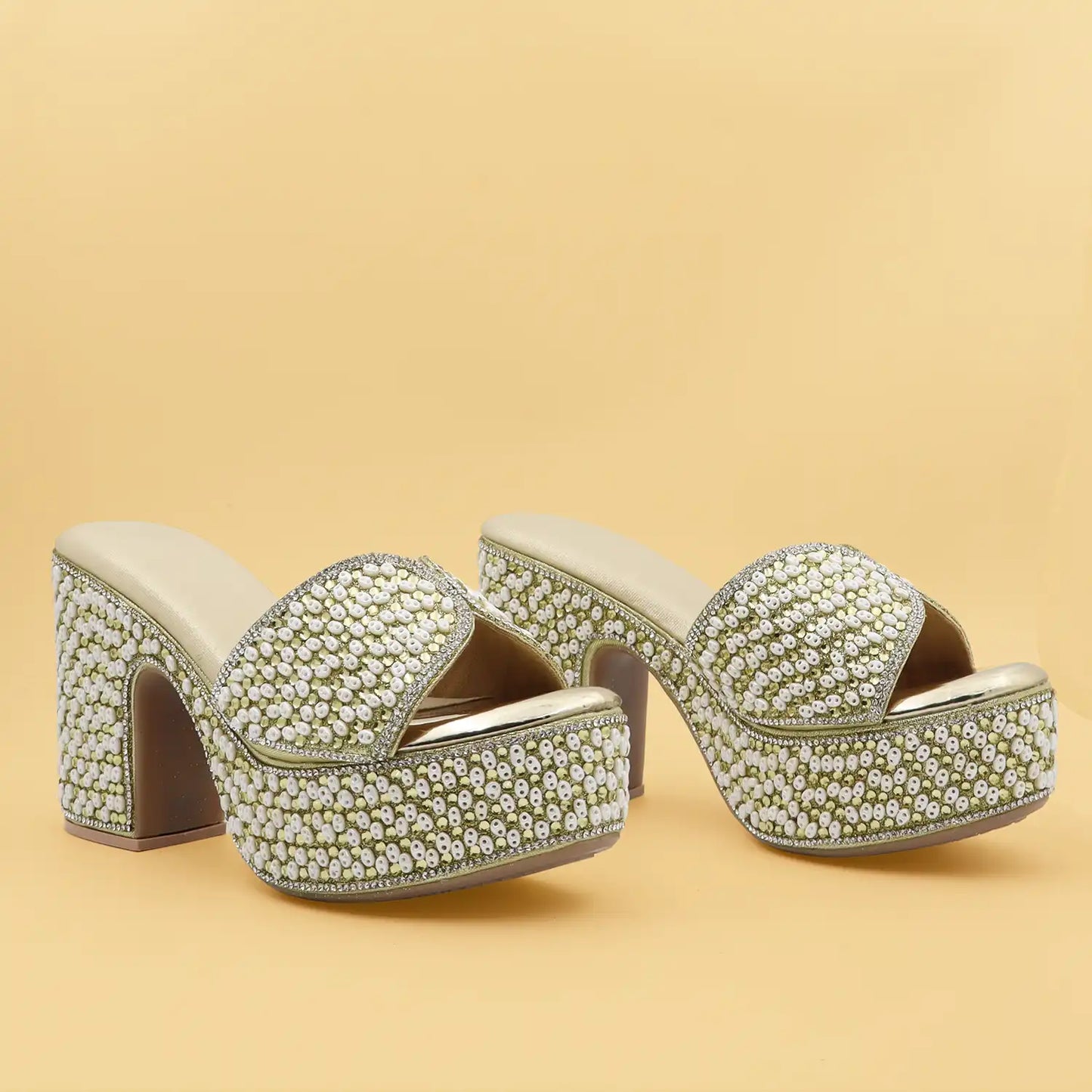 Women's Premium Pearl Embellished Gold Platform Block Heel Sandals with 4 Inch Heel and 1.5 Inch Platform for Weddings, Parties and Festive Wear