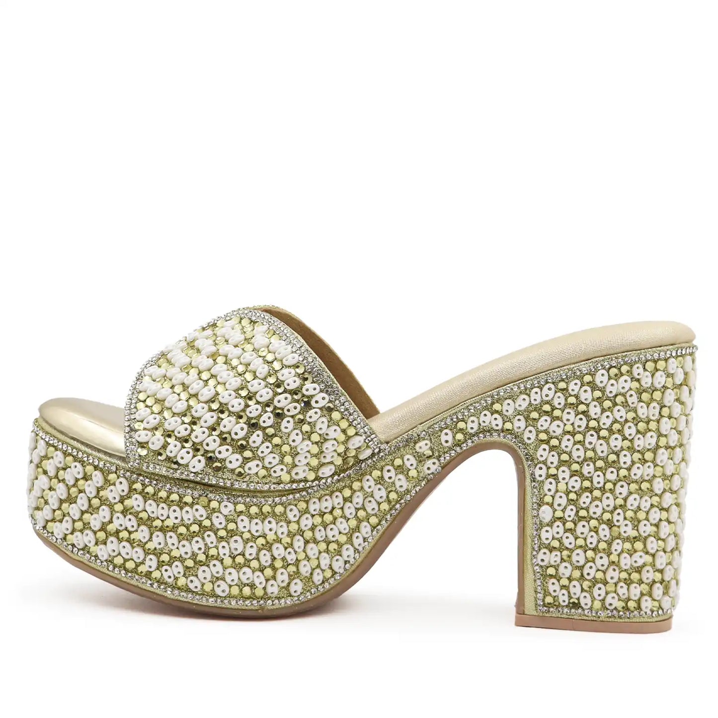 Women's Embellished Gold Platform Block Heel Sandals with 4 Inch Heel and 1.5 Inch Platform for Weddings, Parties and Festive Wear, side view