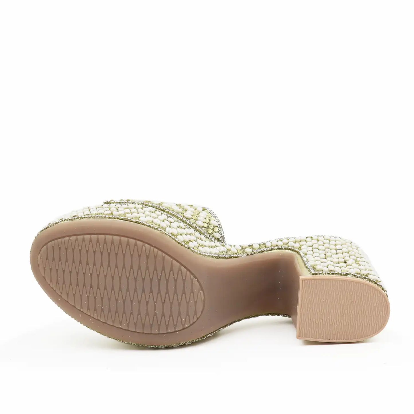 Women's Embellished Gold Platform Block Heel Sandals with 4 Inch Heel and 1.5 Inch Platform for Weddings, Parties and Festive Wear, sole view