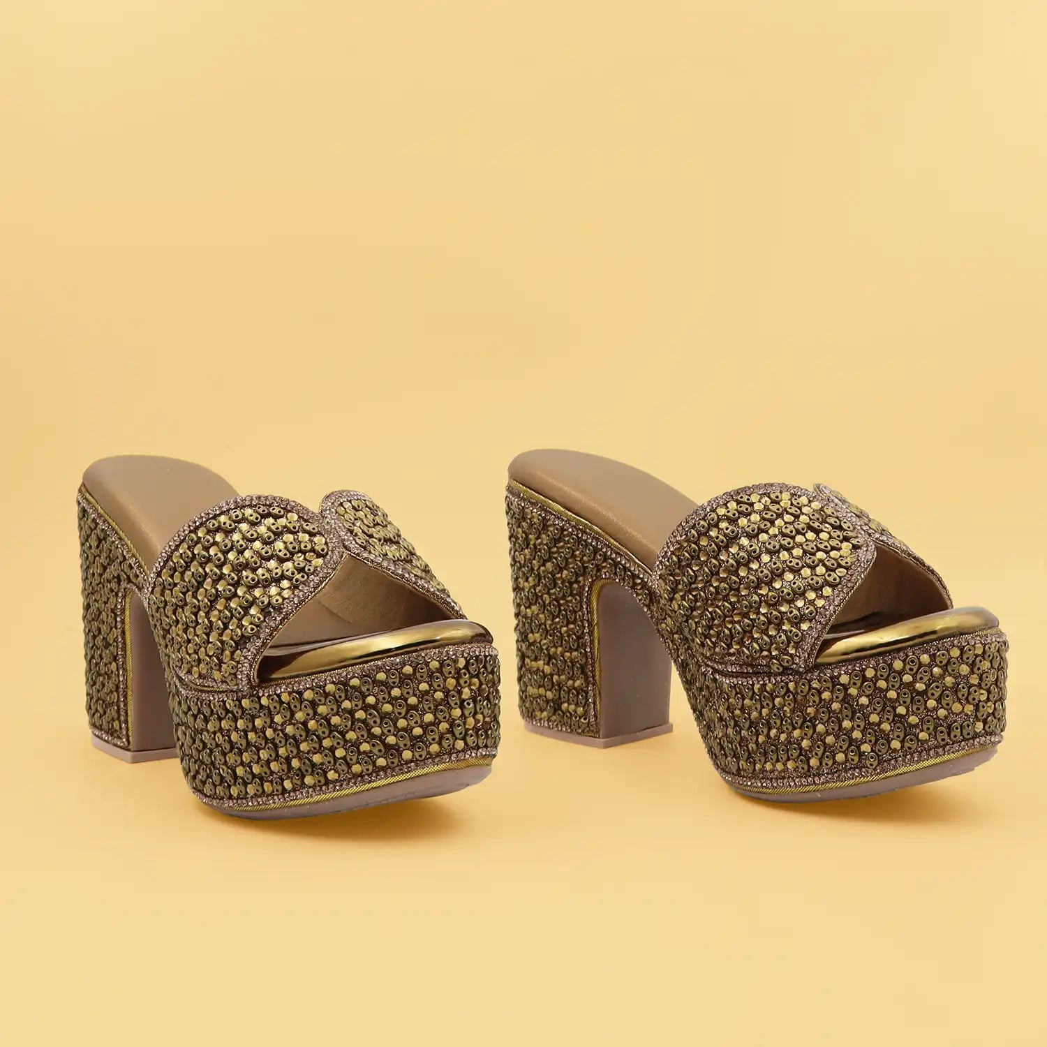 Women's Embellished antique Platform Block Heel Sandals with 4 Inch Heel and 1.5 Inch Platform for Weddings, Parties and Festive Wear, pair view