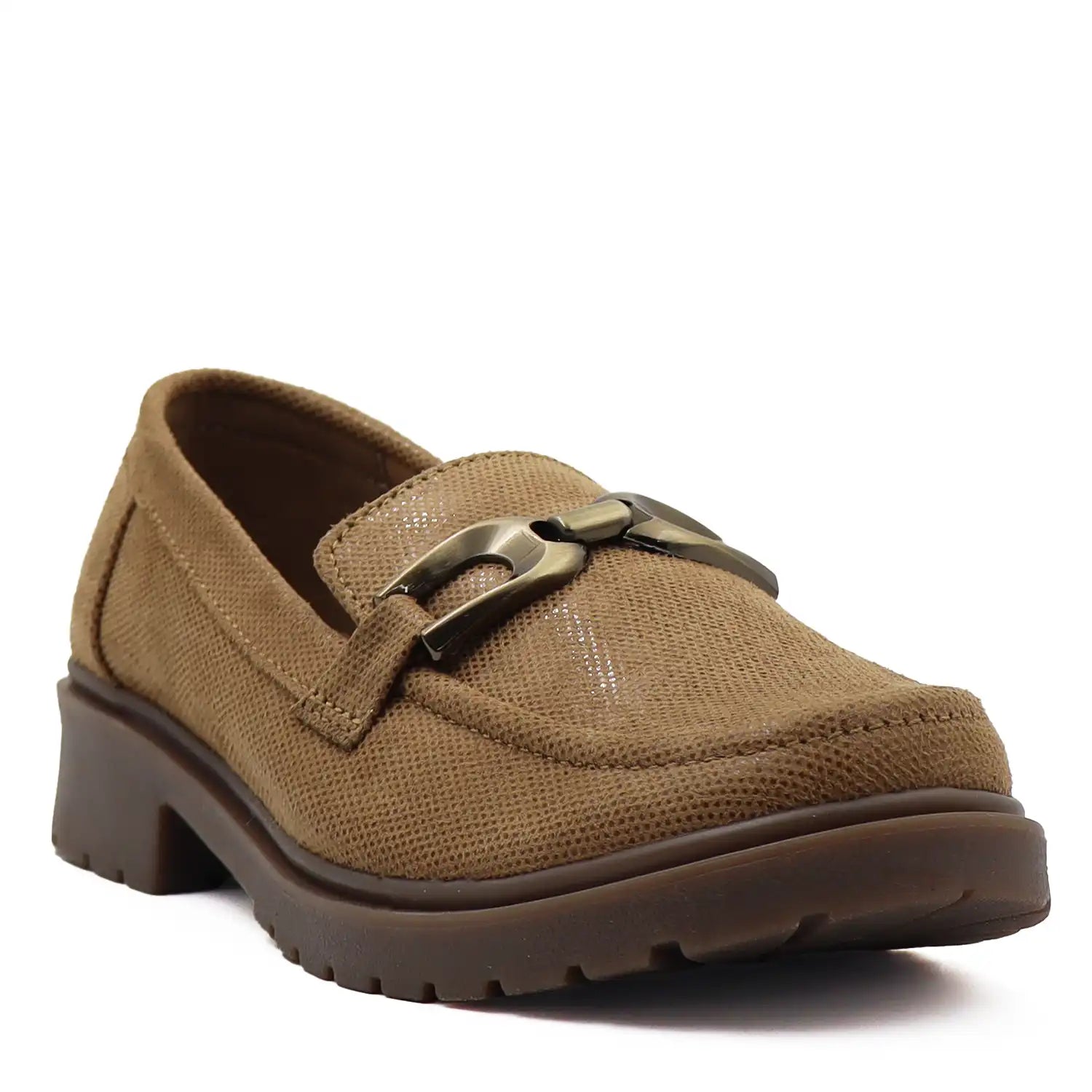 Brown loafer shoe with a buckle on a white background