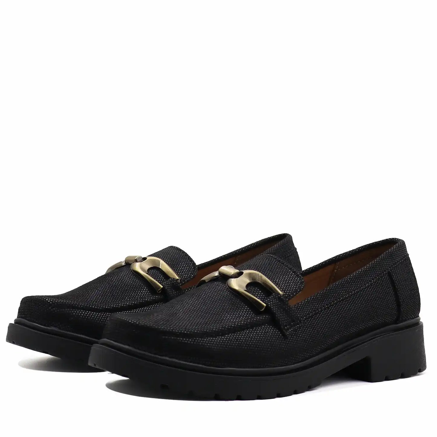 Womens comfort loafers black with buckle soft sole casual slip on shoes