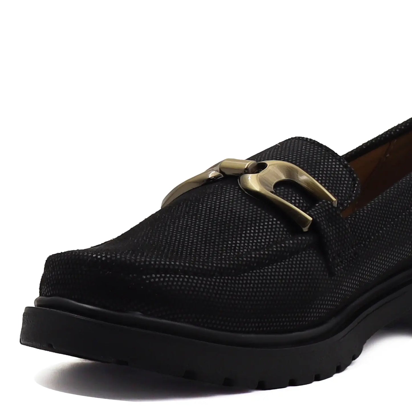 black womens loafers with metal buckle soft cushioned sole comfortable shoes
