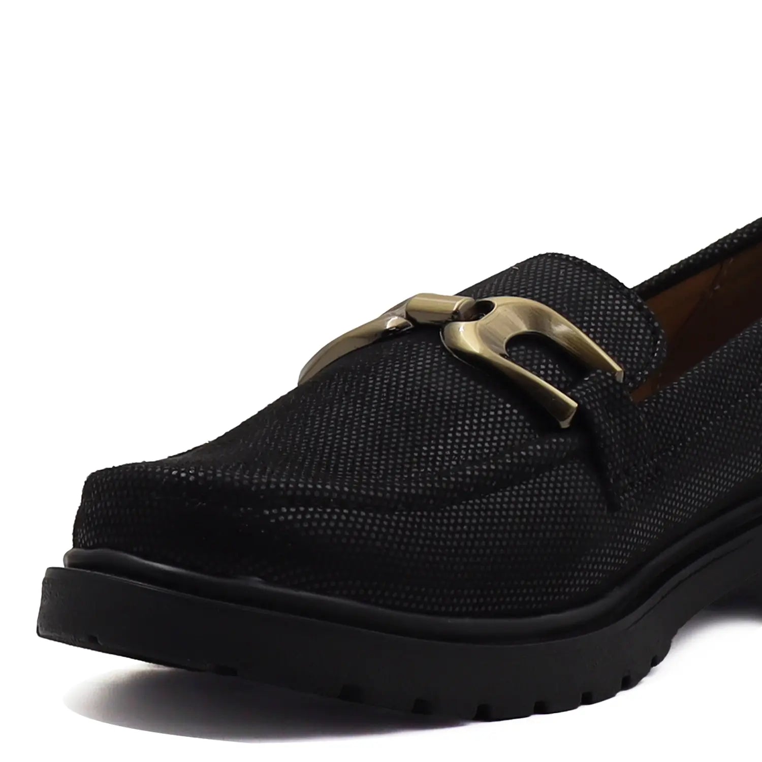 black womens loafers with metal buckle soft cushioned sole comfortable shoes