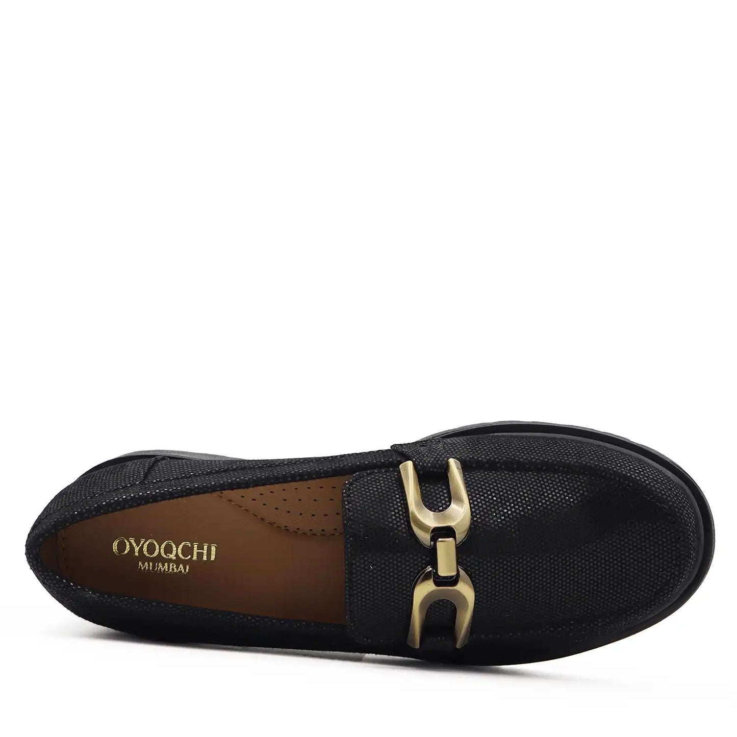 Top view womens black loafers with buckle soft cushioned comfort footwear