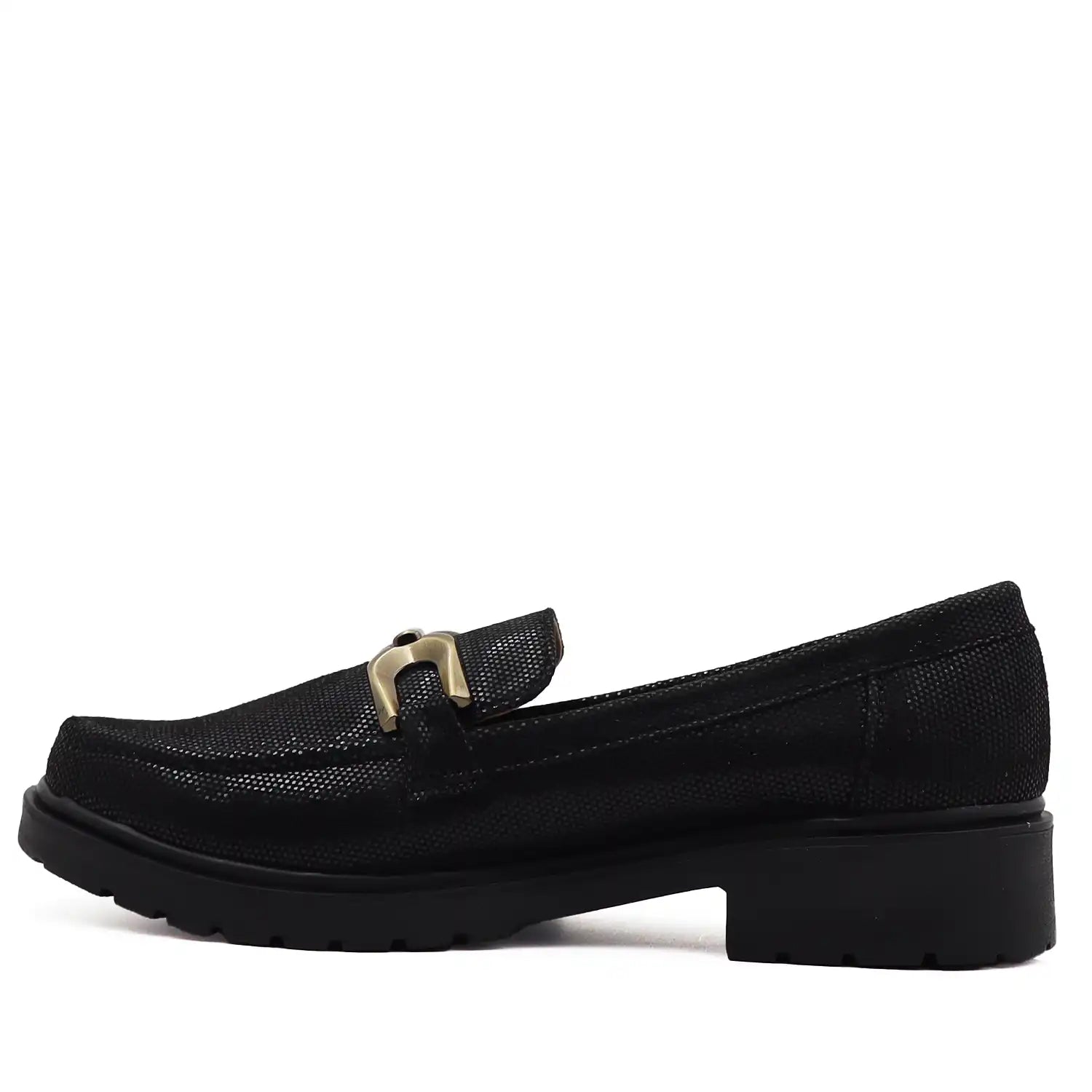 Side view womens black loafers with buckle soft sole comfortable daily shoes