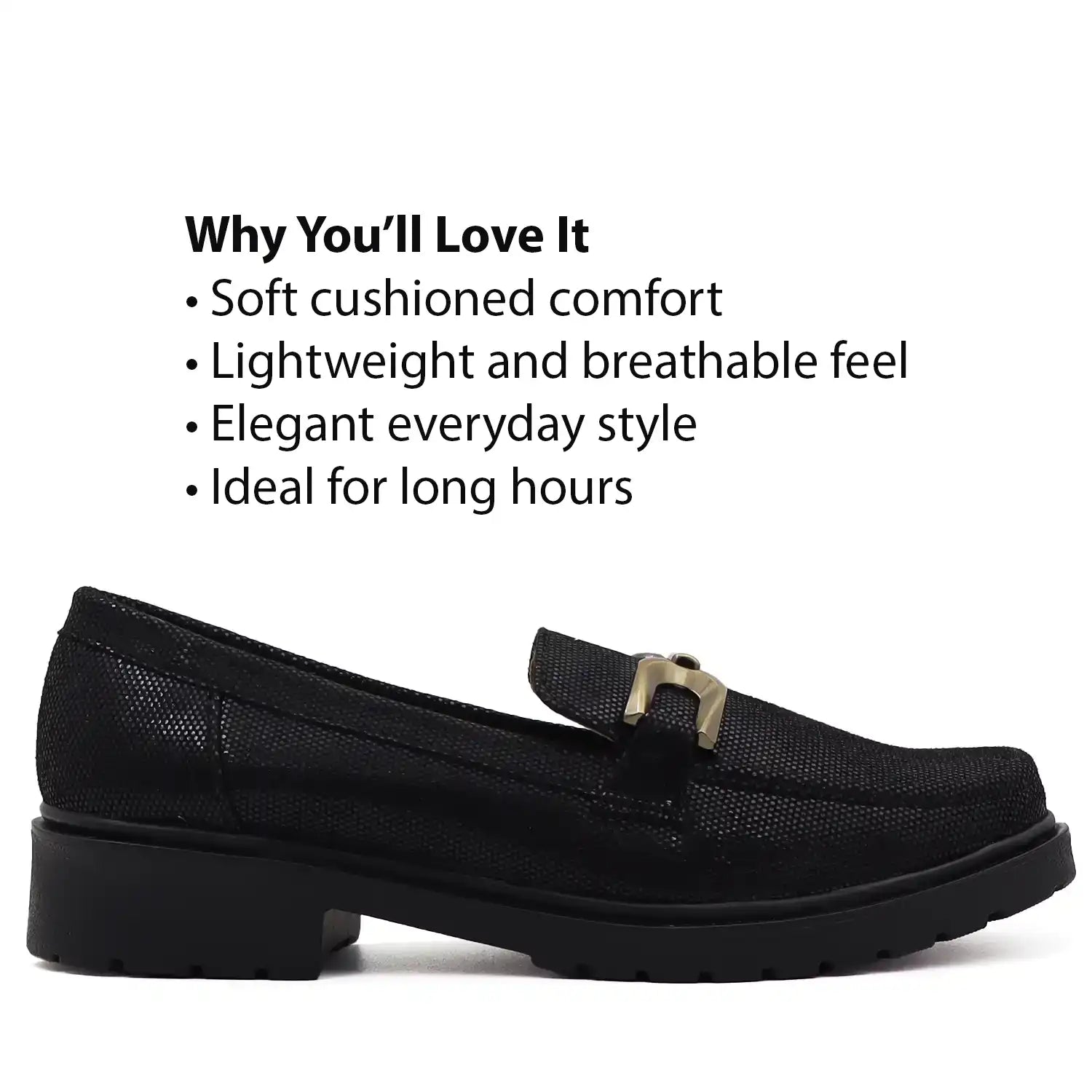 Detail view of womens black loafers with buckle soft sole comfortable daily shoes