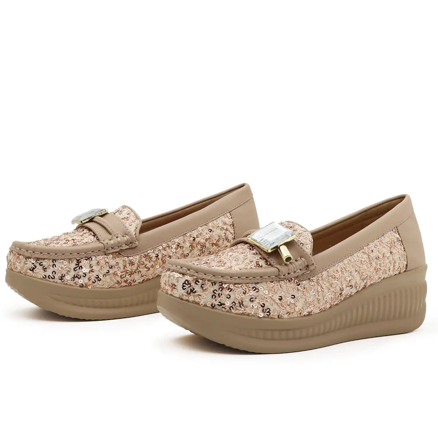Women's 1.5 inch platform loafers with cushioned shoe bed in Rose gold, angled pair view
